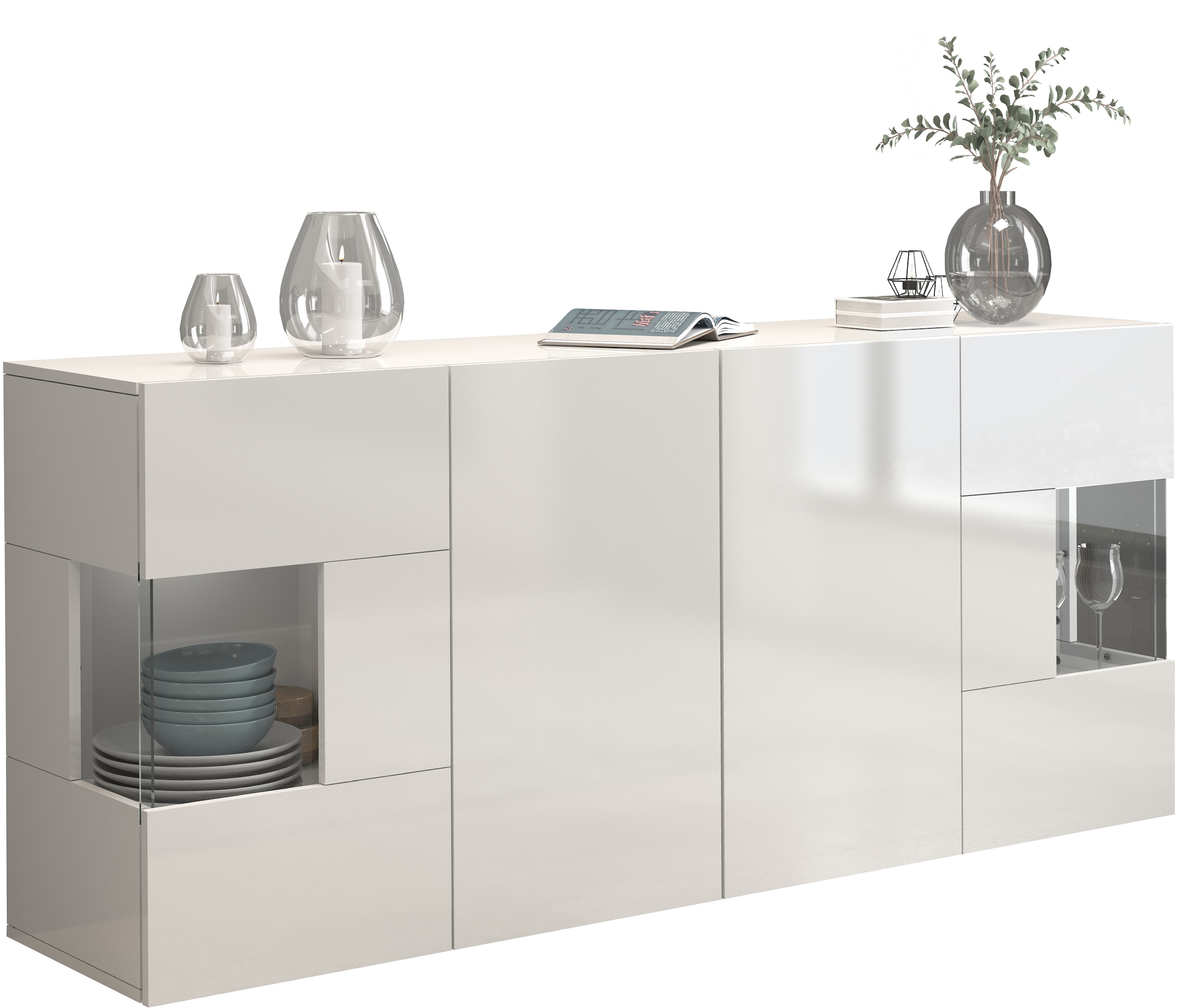 GOODproduct Sideboard »Egypt, Kommode, Schrank, Kredenz, Vitrine grifflos« 4 Türen davon 2 mit Glaseinsatz, kompl. Hochglanz lackiert, Breite 180