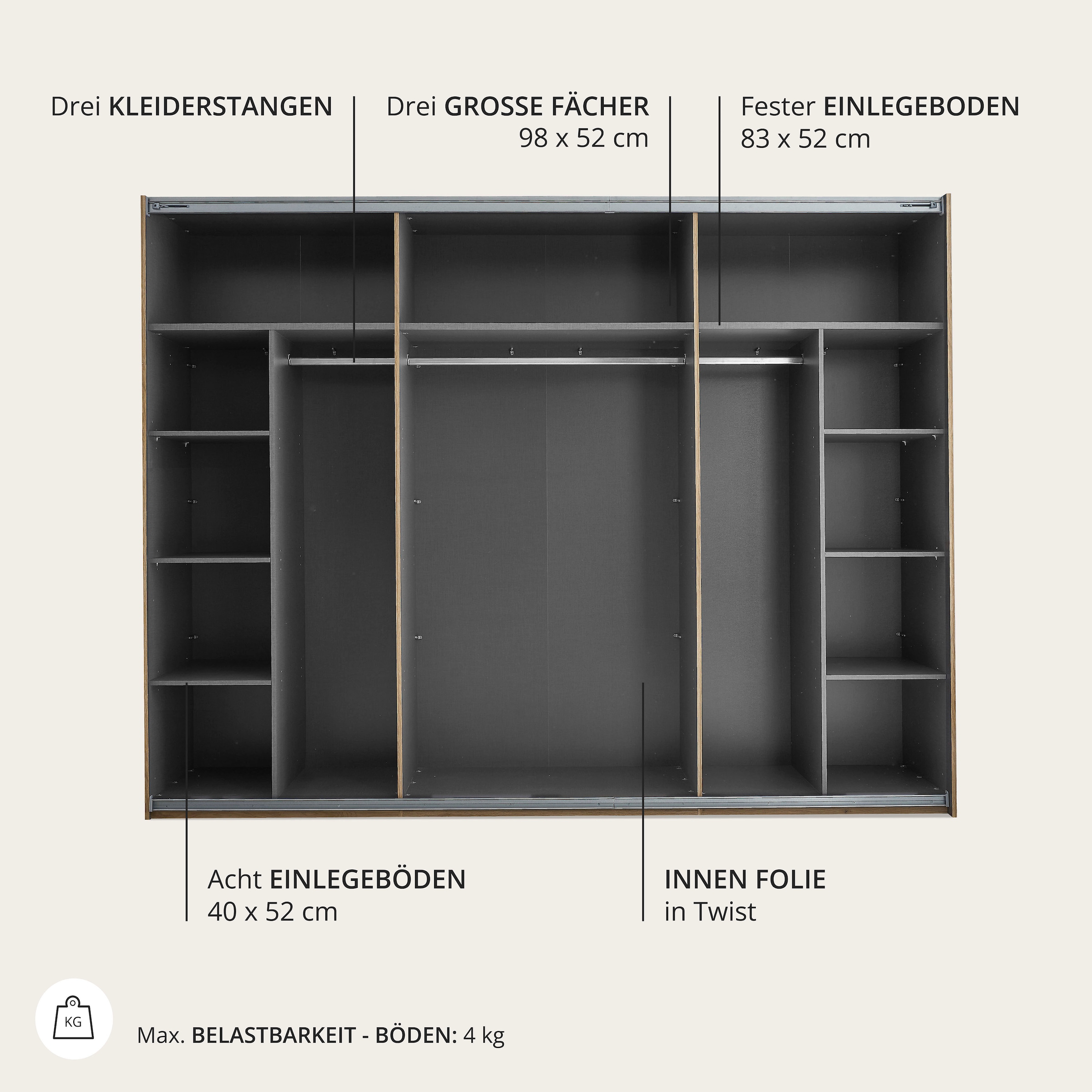 Schlafkontor Schwebetürenschrank »Mesio, 2-türiger Kleiderschrank, Schiebetürenschrank mit viel Stauraum« inklusive Hoteleinteilungen aussen und Einlegeböden oben