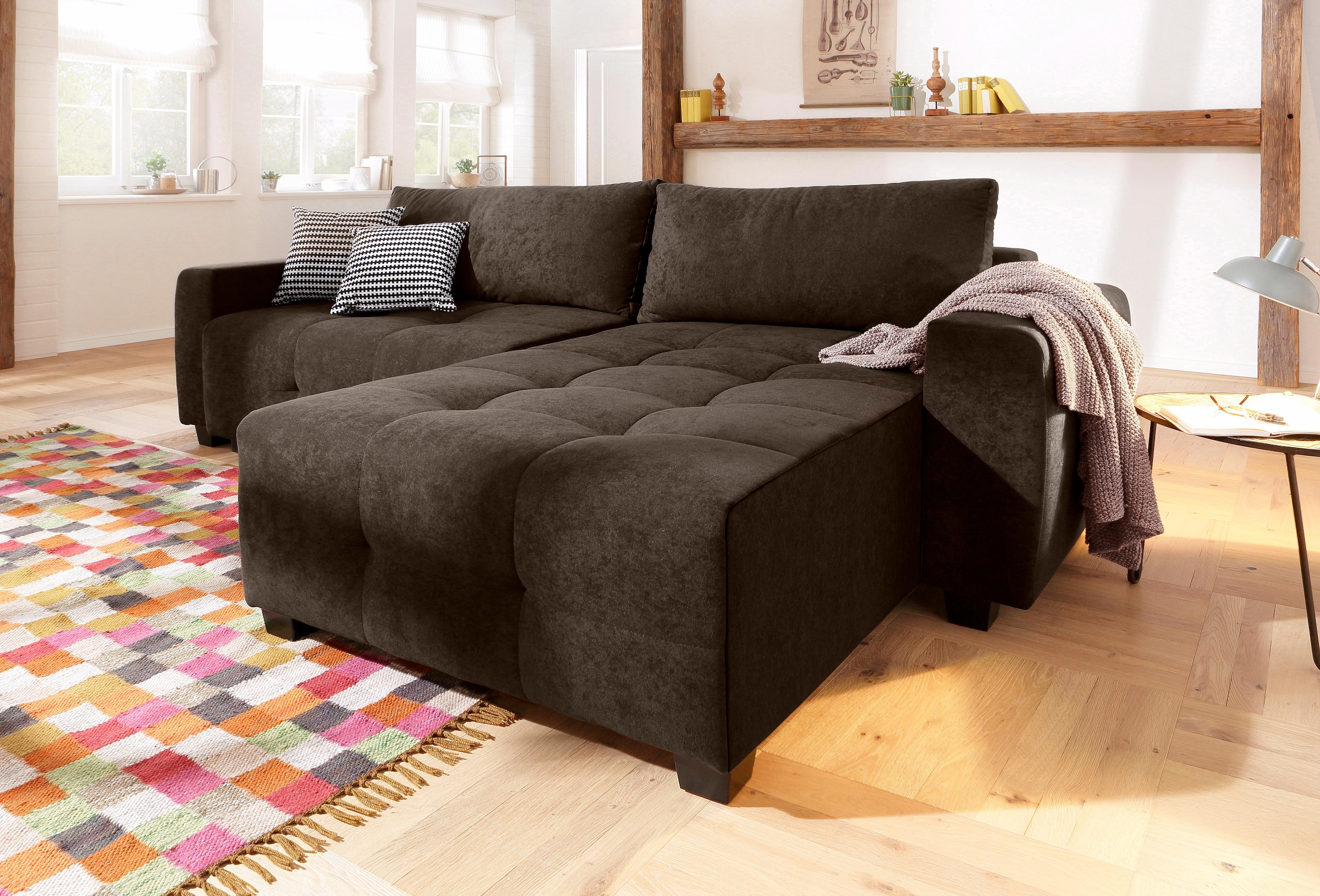 Home affaire Canapé d'angle »Bella L-Form, B: 254 cm« mit 2 Zierkissen, optional Bettfunktion & Bettkasten, Federkern