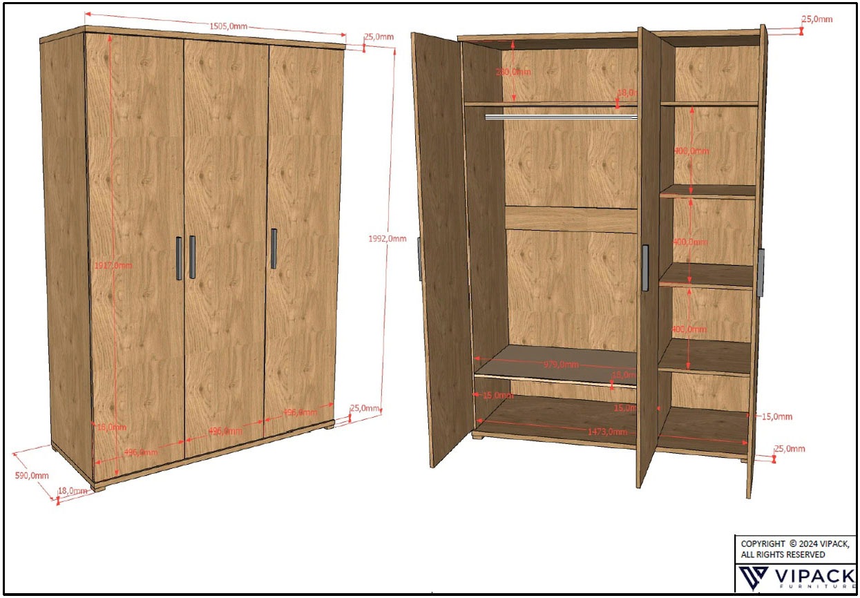 Vipack Set de chambre d'adolescent »SAM - Bett, Nachtkonsole, Kleiderschrank 3-trg., gradliniges Design« Tiroirs sur coulisses métalliques, armoire 3 portes avec beaucoup de rangement, 3 pièces tlg.