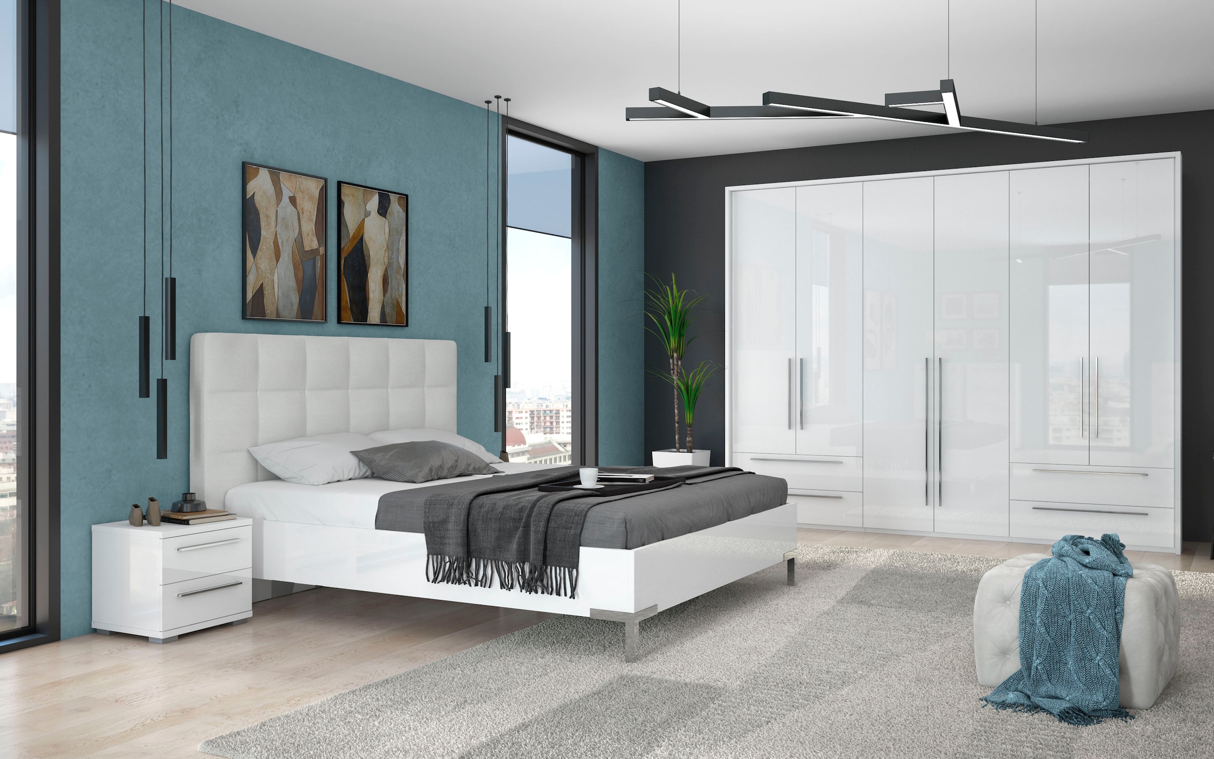 GOODproduct Drehtürenschrank »Piano, inklusive Rahmen und Beleuchtung, soft-close-Funktion« 277 oder 322cm breit, 226cm hoch, mit 4 Schubladen,  UV lackiert, hochglänzend weiss oder beige, FSC-zertifiziert