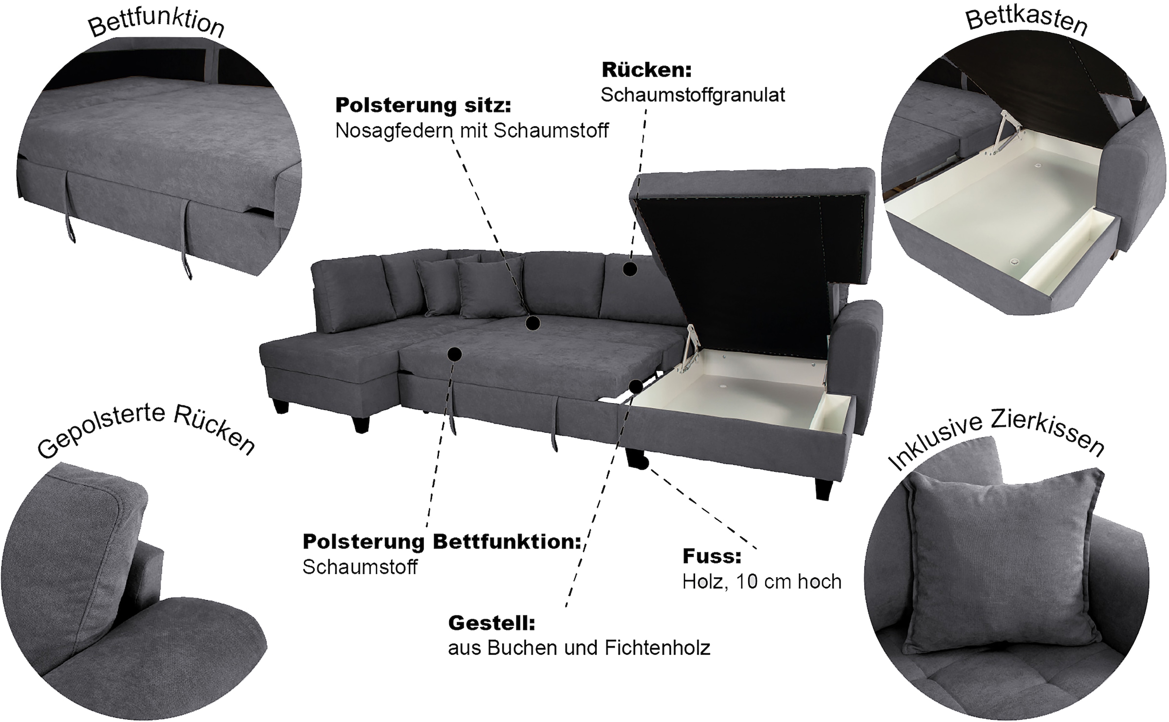 Trends by HG Paysage de salon »Moritz U-Form, B: 324 cm« mit Bettfunktion, Bettkasten & Zierkissen