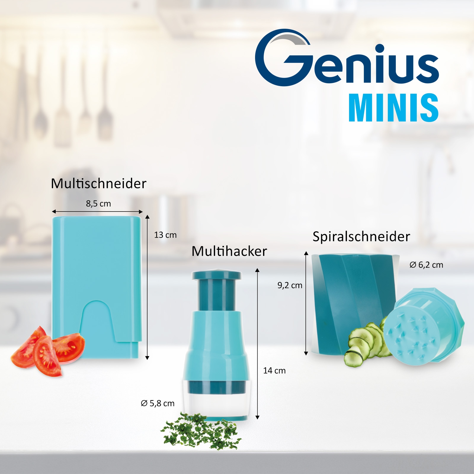 Genius Gemüseschneider »Genius Minis, Kombi-Set inkl. Edelstahl-Schüsseln, Set 19-tlg.« 3 Schüsseln mit Deckel, Multihacker, Multischneider, Spiralschneider