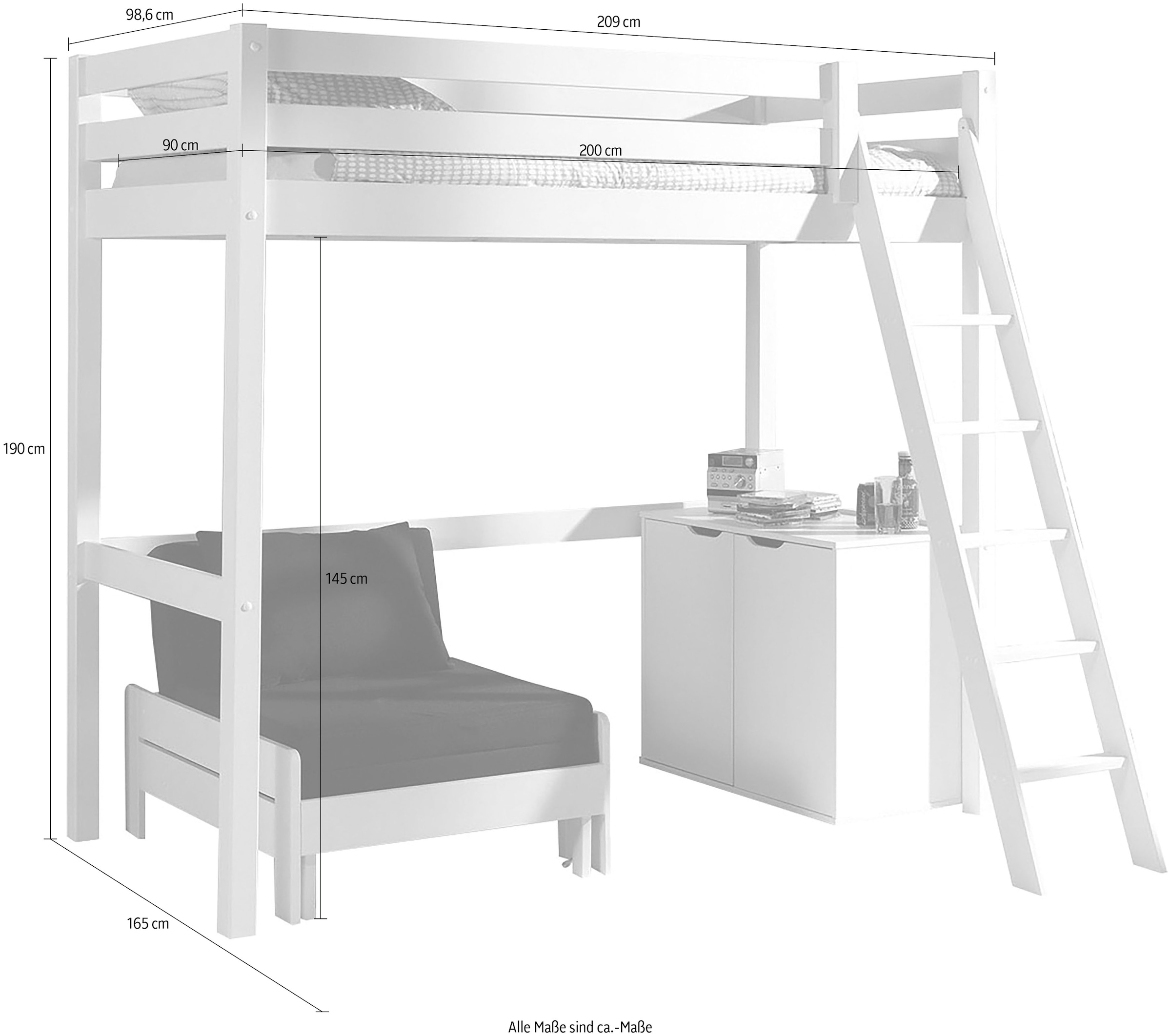 Vipack Hochbett Made in Europe,  Hochbett mit 90 x 200 cm Liegefläche, grau oder weiss lackiert