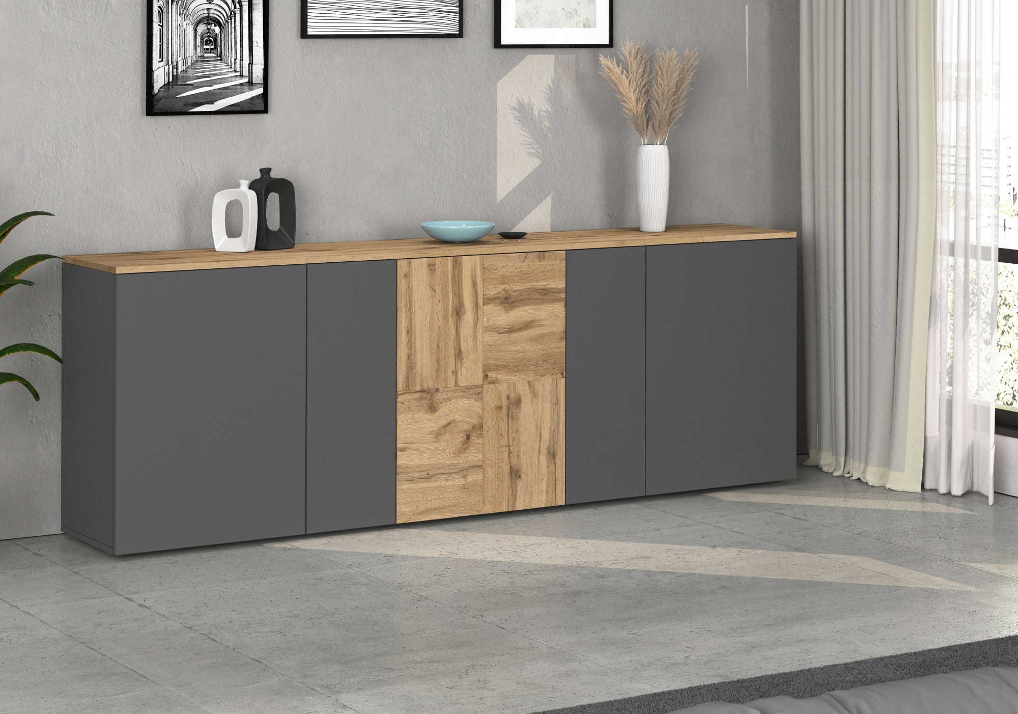 GOODproduct Sideboard »ISEO, Kommode, Schrank, Sideboard, Lowboard, 6 Fächer, Breite 200 cm« 1 cuis tlg. stehend/hängend, 5 Türen, 6 Fächer, Breite 200 cm