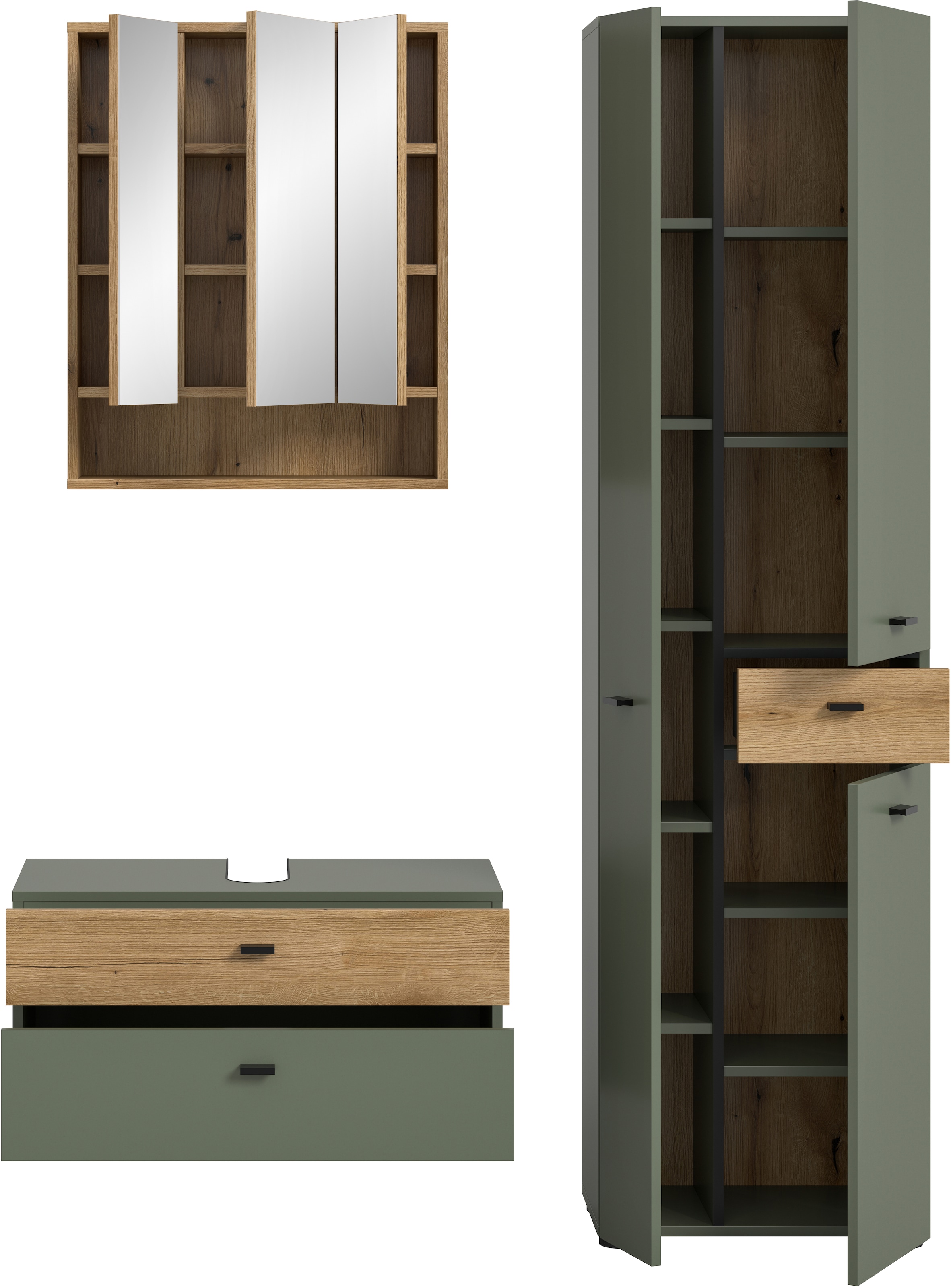 welltime Ensemble de meubles de salle de bain »VANN, 3-teilige moderne Badkombination, individuell stellbar« 1x Waschbeckenunterschrank, 1x Spiegelschrank, 1x Hochschrank, 3 cuis tlg.