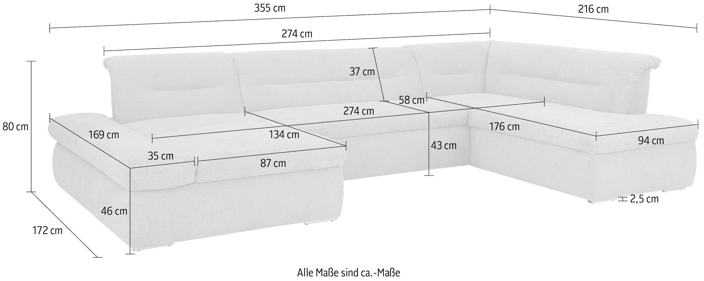 Home affaire Wohnlandschaft »Avesa U-Form« Wahlweise mit Armteilverstellung und Bettfunktion, B/T/H: 355/216/80cm