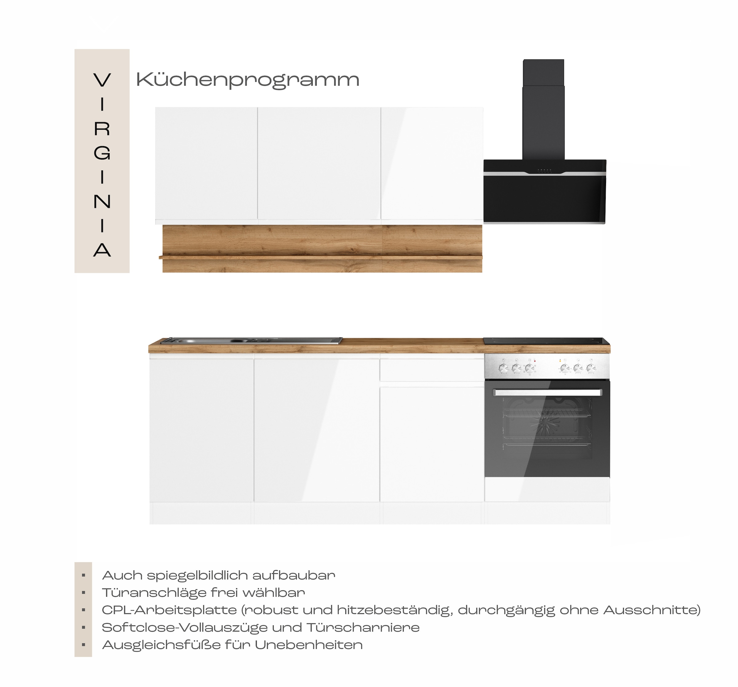KOCHSTATION Kitchenette »KS-Virginia,neu in verbesserter Ausführung« plan de travail épaisseur 38 mm, rangement, fermeture douce,  largeur 220 cm, soft-close, avec appareils électroménagers en option