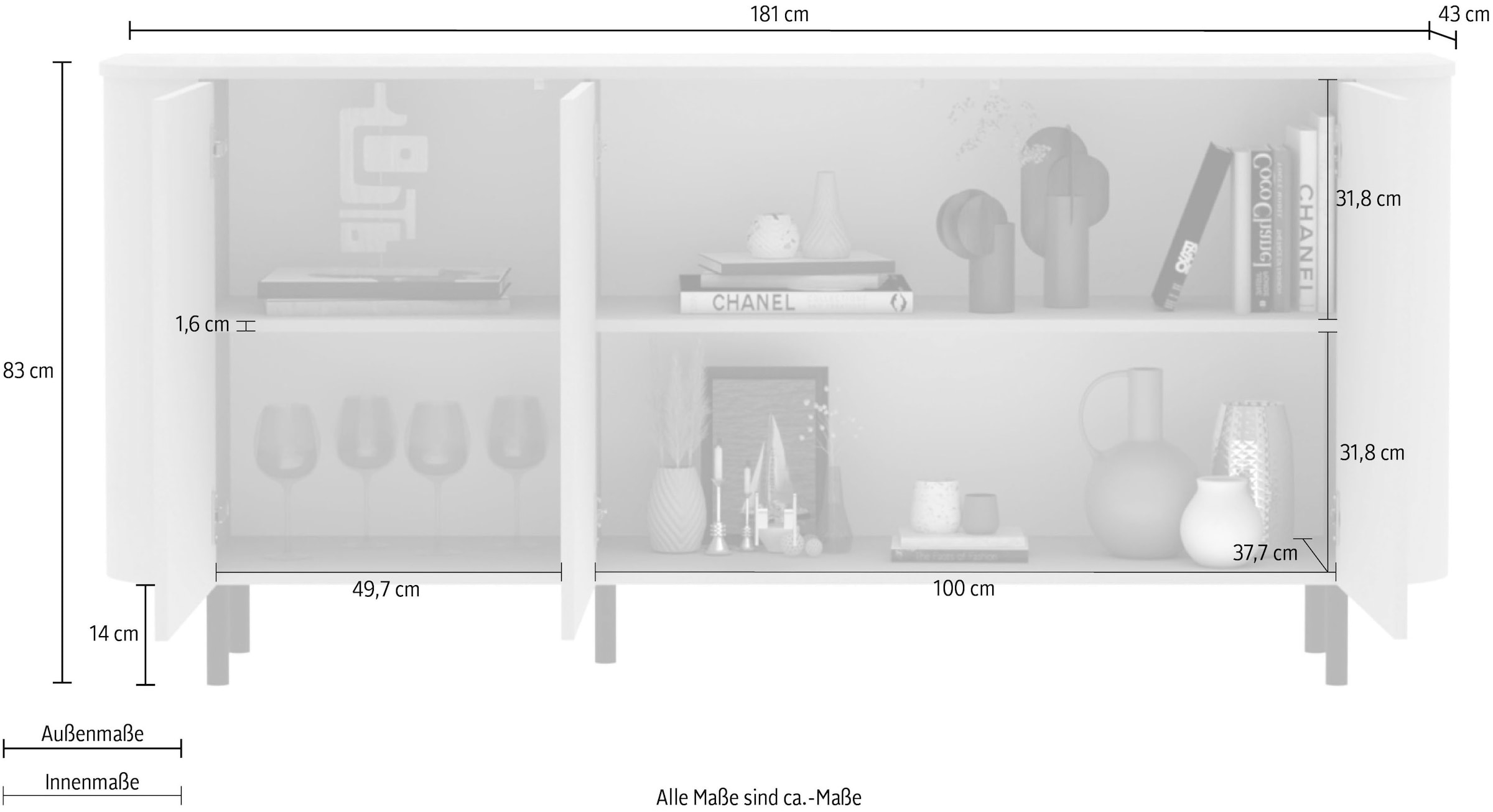 GOODproduct Sideboard »Lido, 181 cm breit, 3 Türen, Anrichte, Kommode, Stauraumschrank« Formgebogenes MDF, Stirnseiten mit Rundung, Push-to-open, Metallfüsse