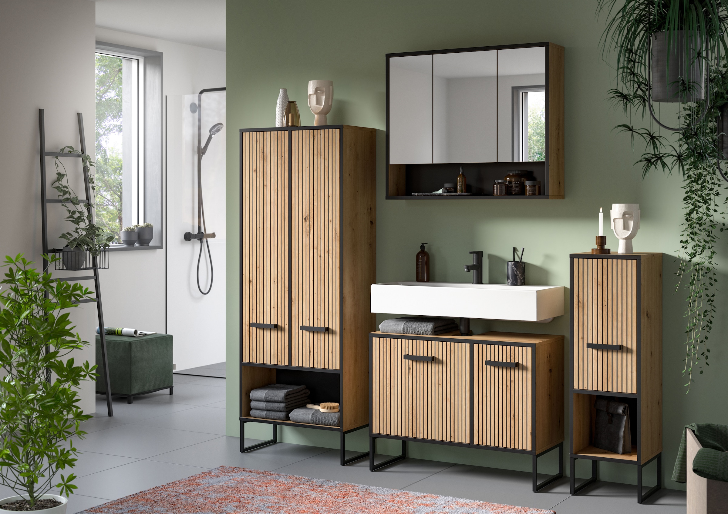 welltime Armoire haute »LOCRI, Höhe 159 cm, 2 Türen, 6 Einlegeböden, 1 offenes Fach« Look industriel avec rainures & patins métalliques, 1 cuis tlg. semelles intérieures variables, design moderne, armoire de salle de bain, salle de bain