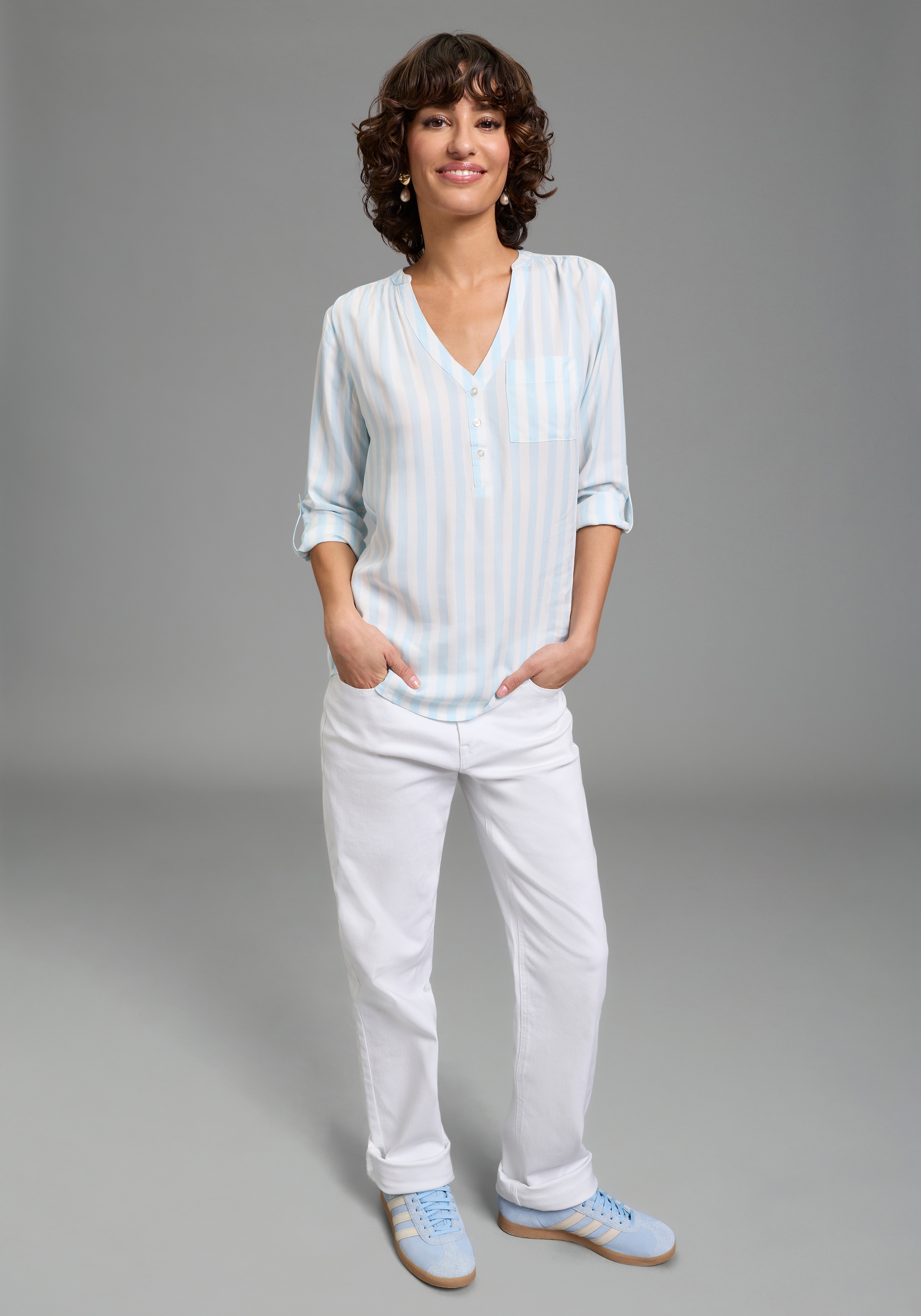 Laura Scott Schlupfbluse gestreifte Langarmbluse, leicht transparent, V-Ausschnitt