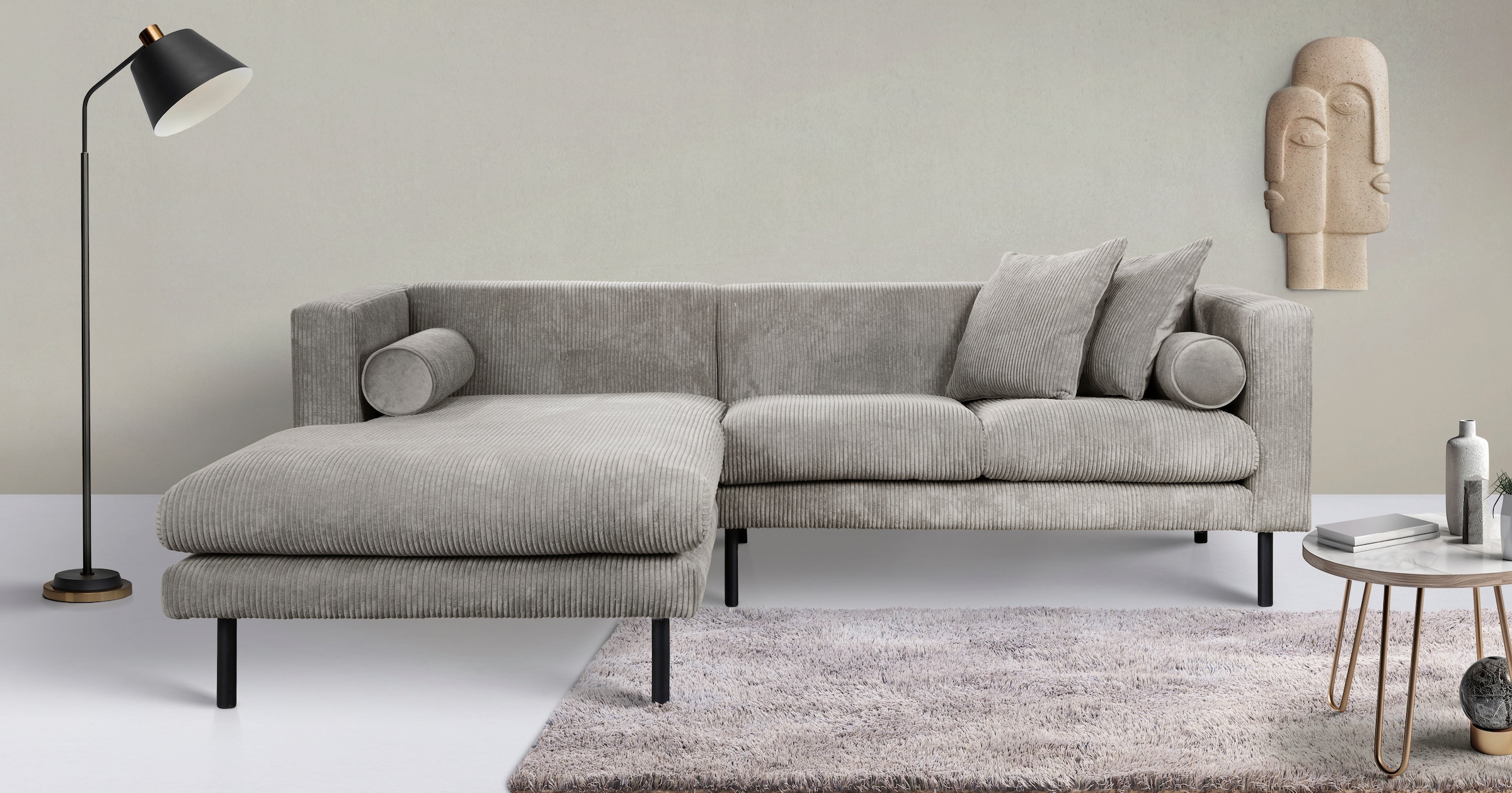 Home affaire Canapé d'angle »Lillibeth L-Form Designsofa, Masse B/T/H: 240/173/83 cm« Zierkissen als Wendekissen, in Samtoptik oder Cord