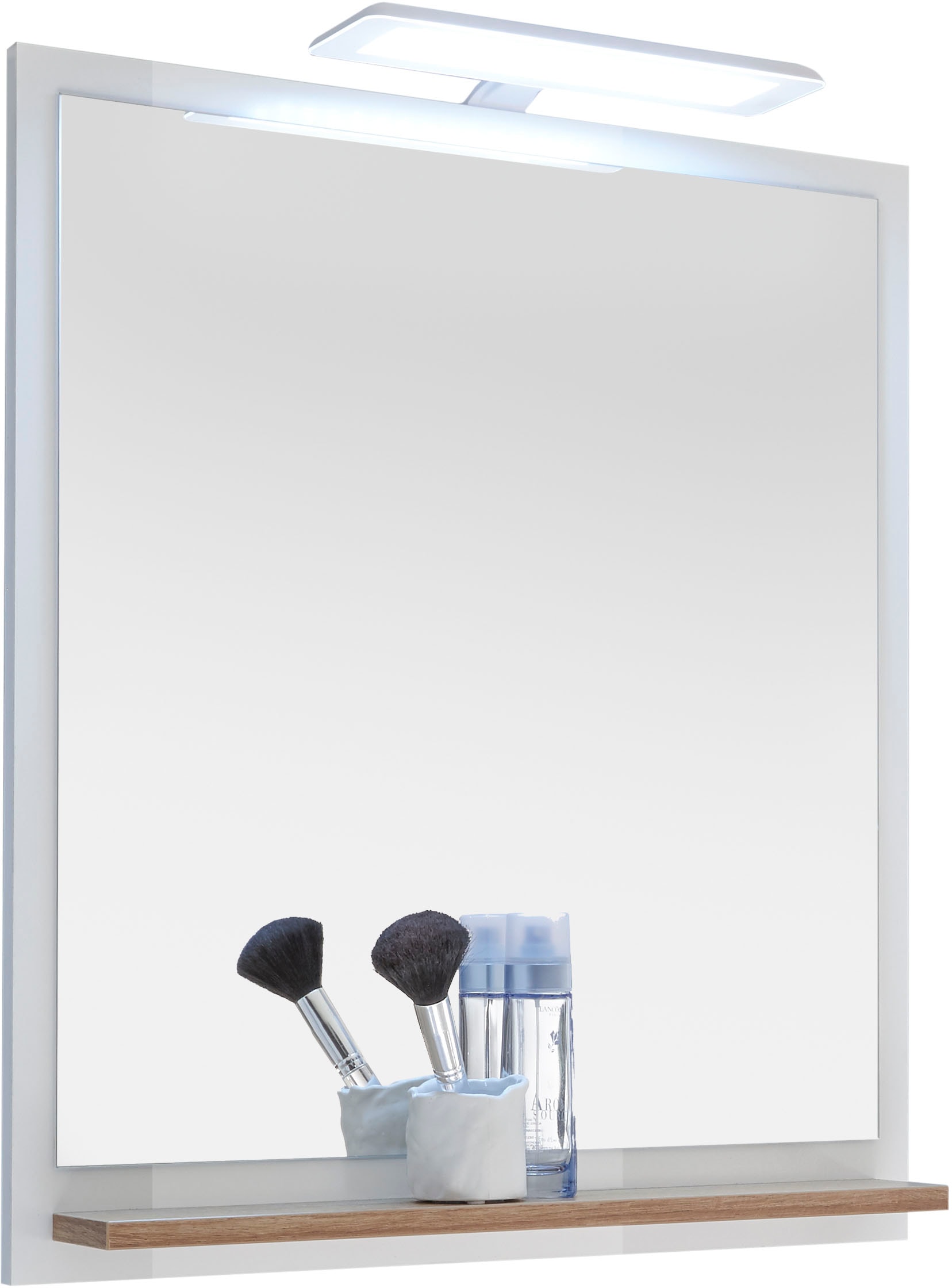 Saphir Badspiegel »Quickset 923 Spiegel 60 cm breit mit Ablage« Flächenspiegel Weiss Glanz, Riviera Eiche quer Nachbildung