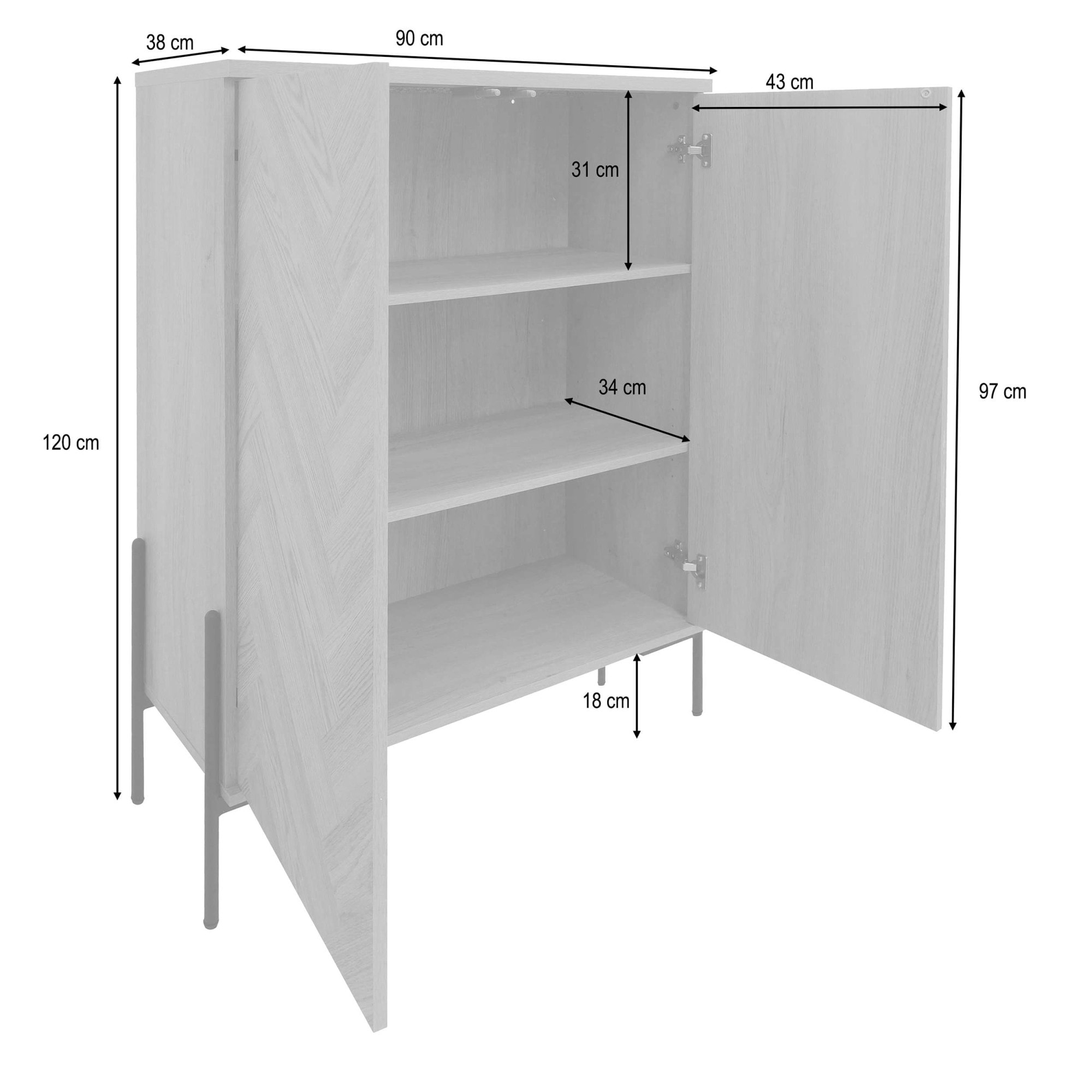 Leonique Highboard »Eadwine« Kommode, Midischrank, Push-to-open, Türen mit Fischgräten Muster
