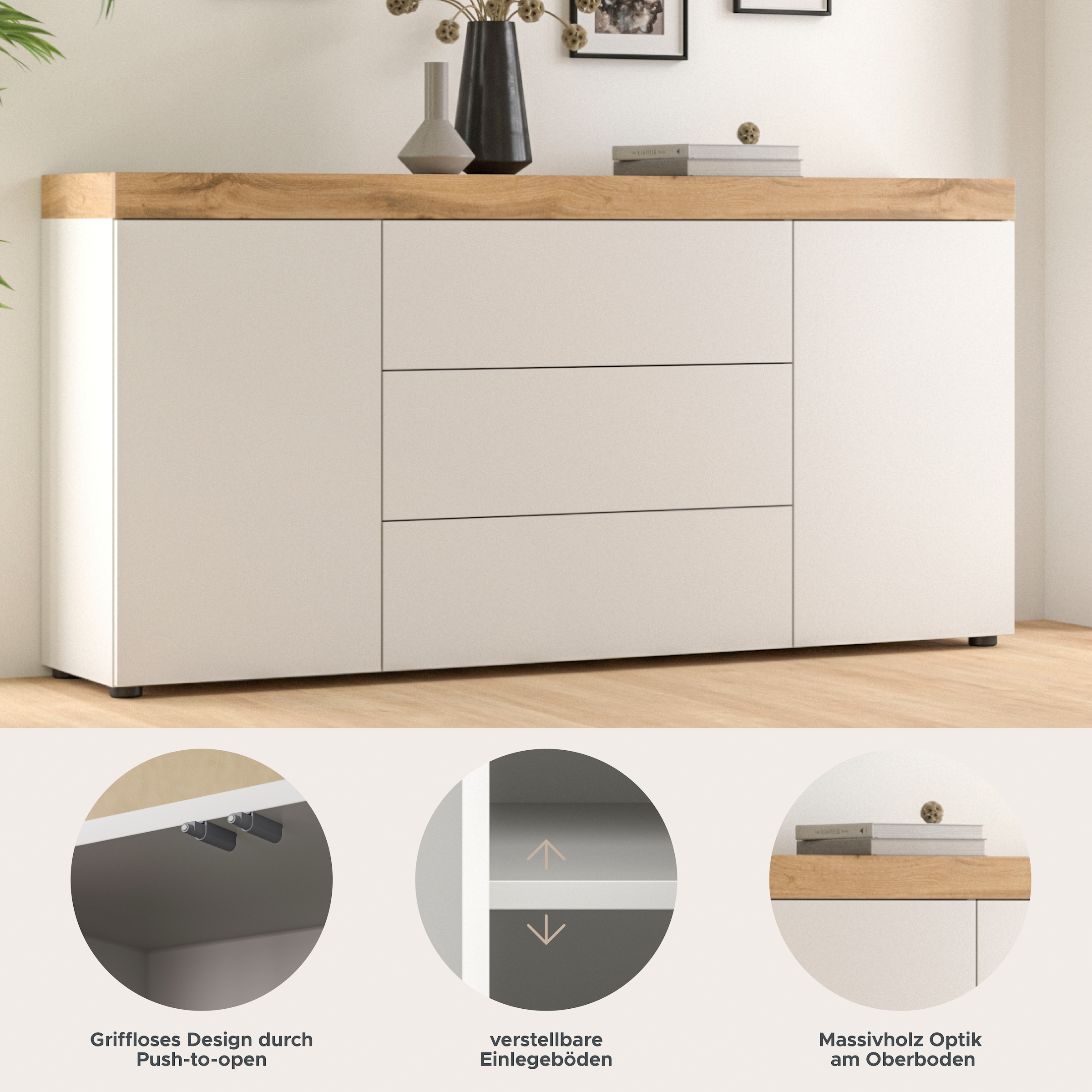 GOODproduct Sideboard »MAMBO, TOPSELLER!, Breite 160cm, 2 Türen, 3 Schubkästen, push-2-open« 2 farbige Ausführung, in verschiedenen Farben erhältlich, 1 cuis tlg. Kommode, Anrichte, Wohnzimmer, Schlafzimmer