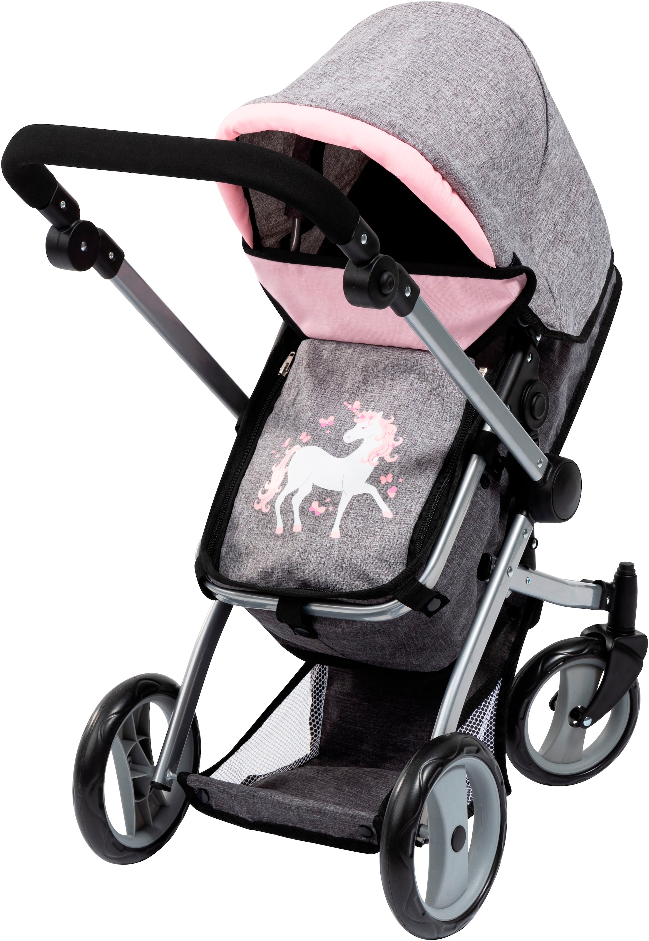 Bayer Puppenwagen »Mega grau/rosa« mit Reisebett, Schlafsack, Wickeltasche und Zubehör
