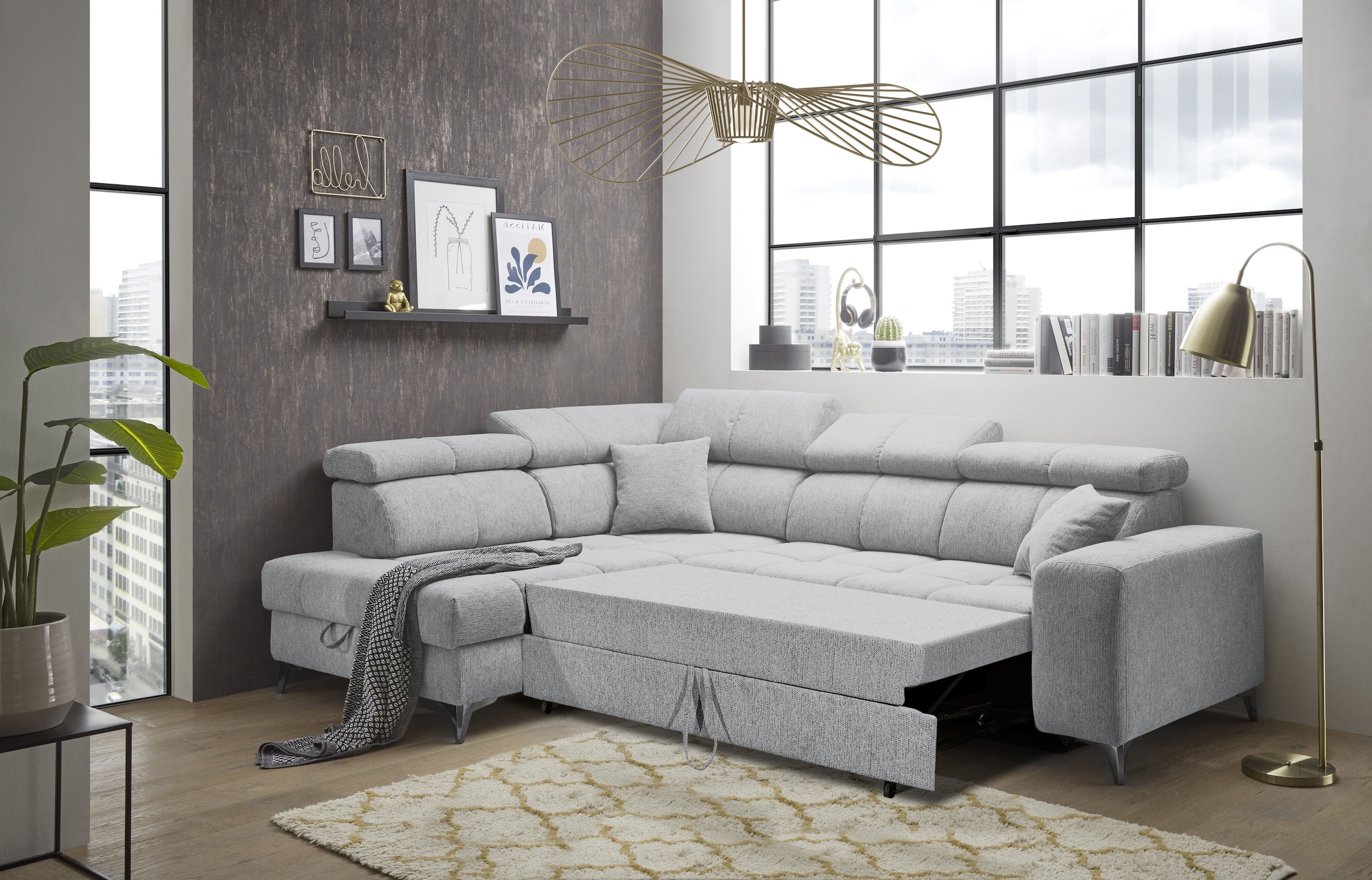 ED EXCITING DESIGN Canapé d'angle »Sydney L-Form« mit Bettfunktion, Bettkasten, Kopfteilverstellung & 2 Zierkissen