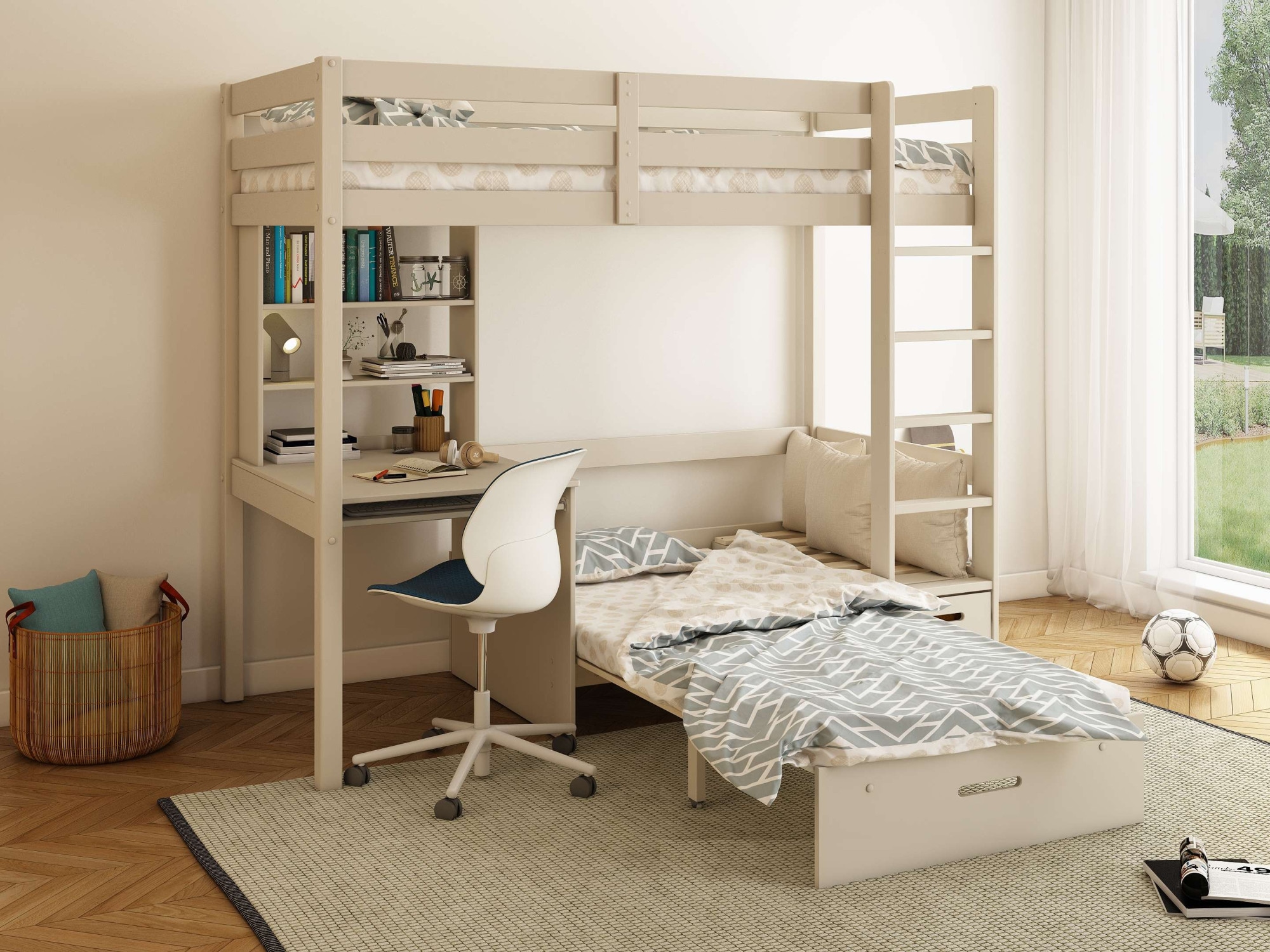 GOODproduct Etagenbett »HENNE' TOPSELLER! Hochbett, Ideal für kleine Räume, 2 Schlafplätze« zweiter Schlafplatz ausziehbar, B/H/T ca. 208/180/105cm,  mit Polsterauflagen, Schreibtisch, Stauraum, seitenverkehrt montierbar