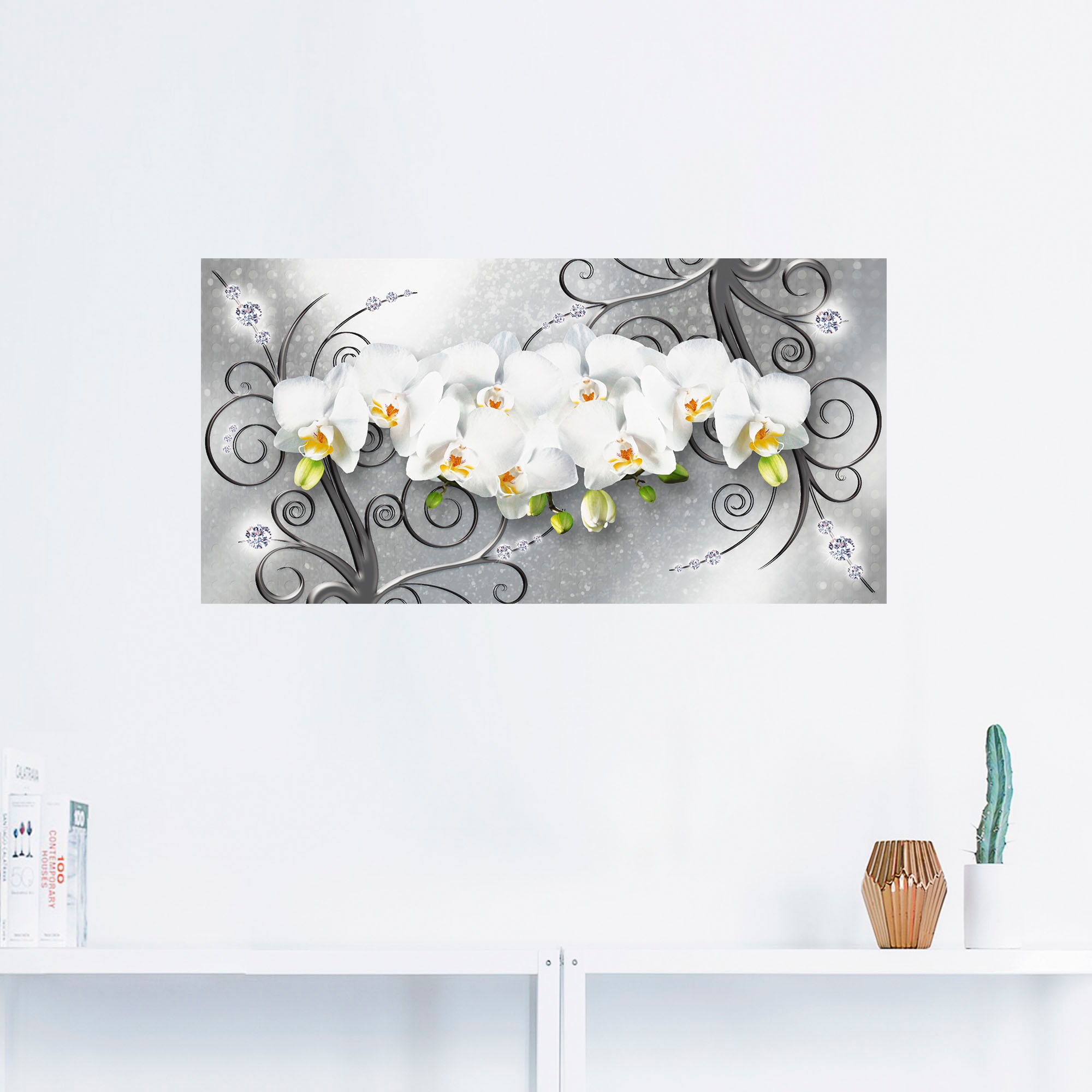 Artland Wandbild »weisse Orchideen auf Ornamenten«, Blumenbilder, (1 St.), als Alubild, Outdoorbild, Leinwandbild, Poster, Wandaufkleber