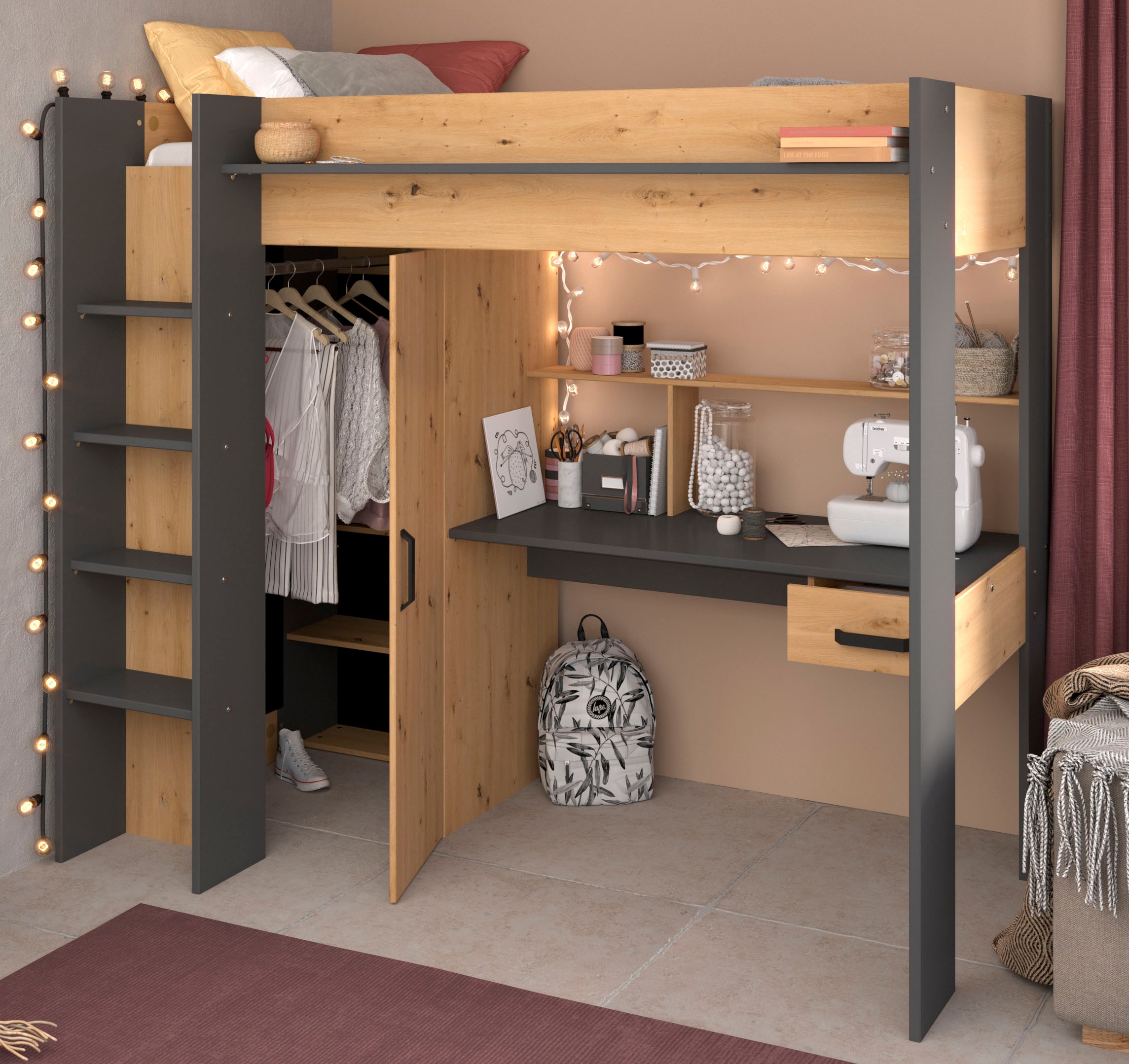 Parisot Hochbett »Heavy«, ALL-IN-ONE, mit Kleiderschrank, Schreibtisch, Leiter, Stauraum