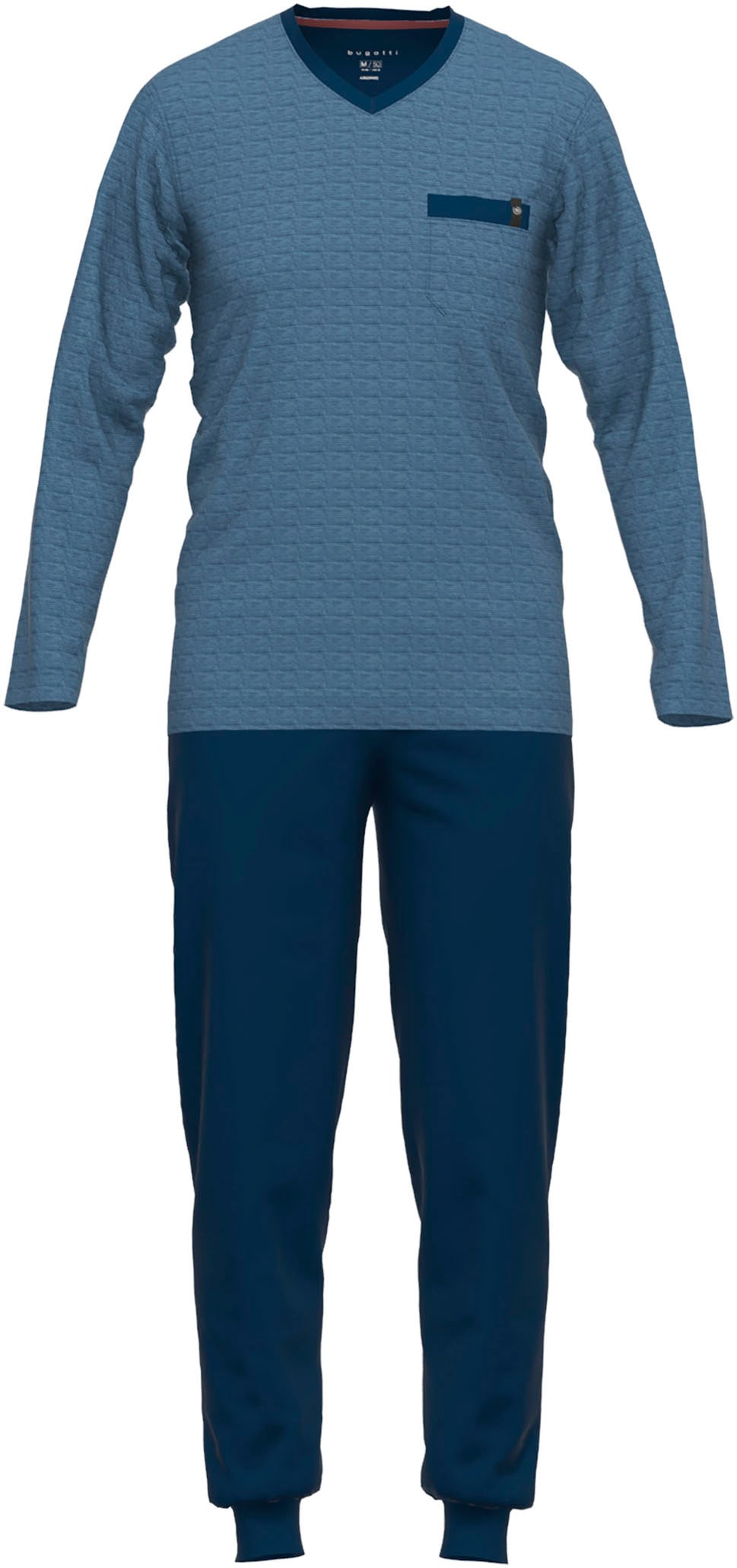 bugatti Pyjama, (2 tlg.), V-Ausschnitt, Langarm, lange Hose, bequem, Baumwollmix