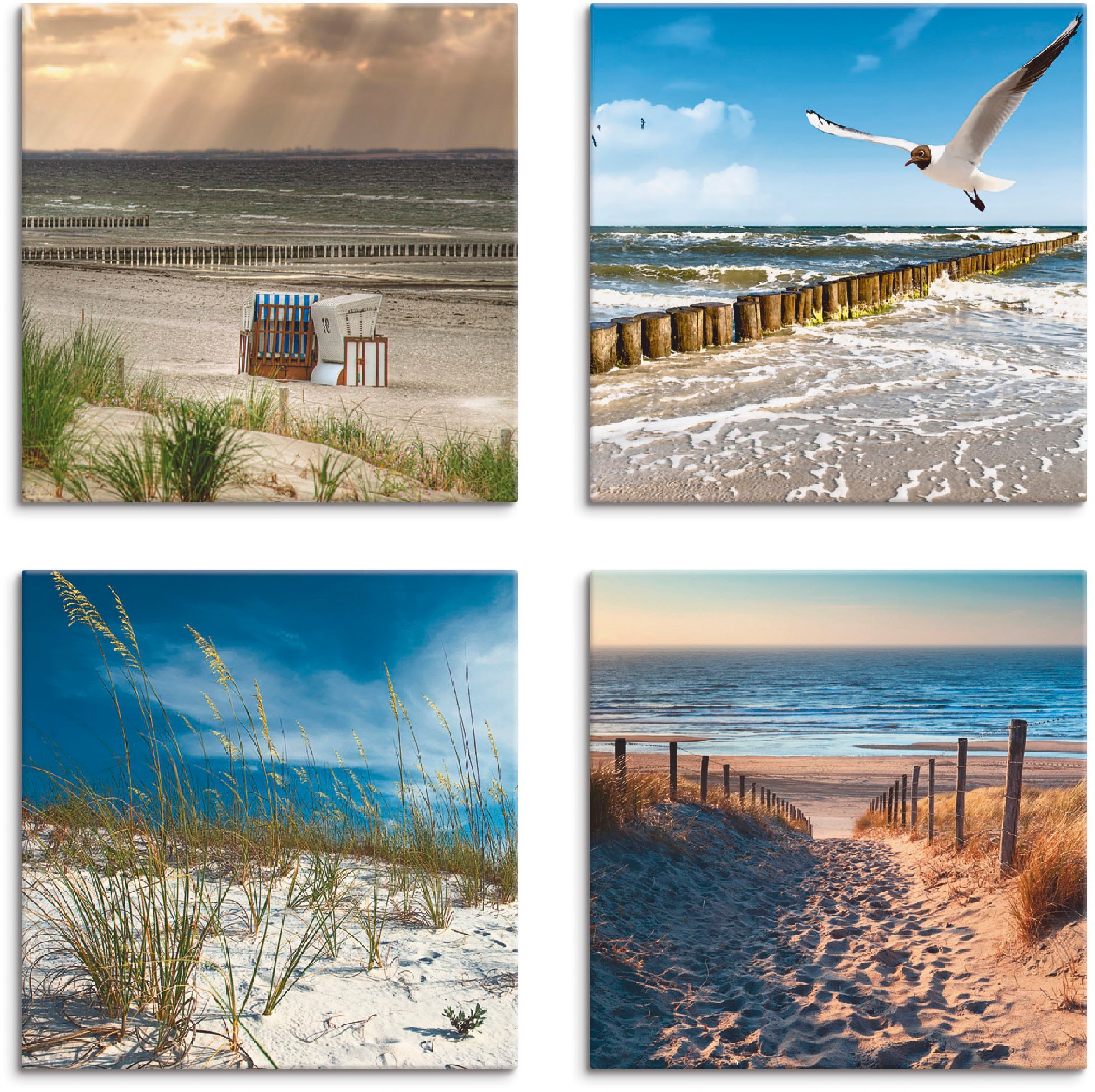 Artland Leinwandbild »Einsamer Strand Ostsee Sanddüne Gräser«, Strand, (4 St.), 4er Set, verschiedene Grössen