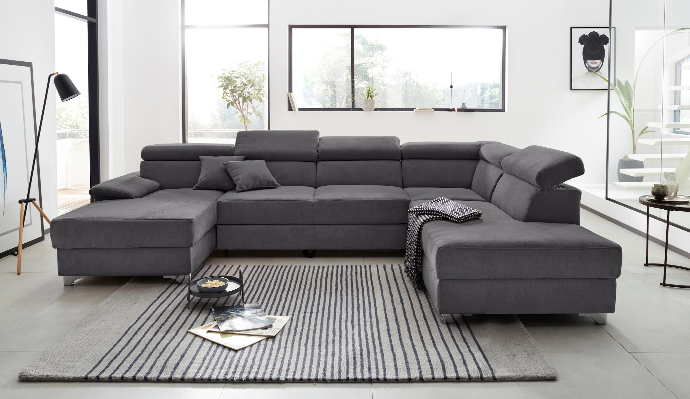 DOMO collection Wohnlandschaft »Mira, inklusive Kopfteilverstellung für mehr Wohlfühlkomfort, U-Form«, wahlweise mit Bettfunktion und Bettkasten, elegant und modern