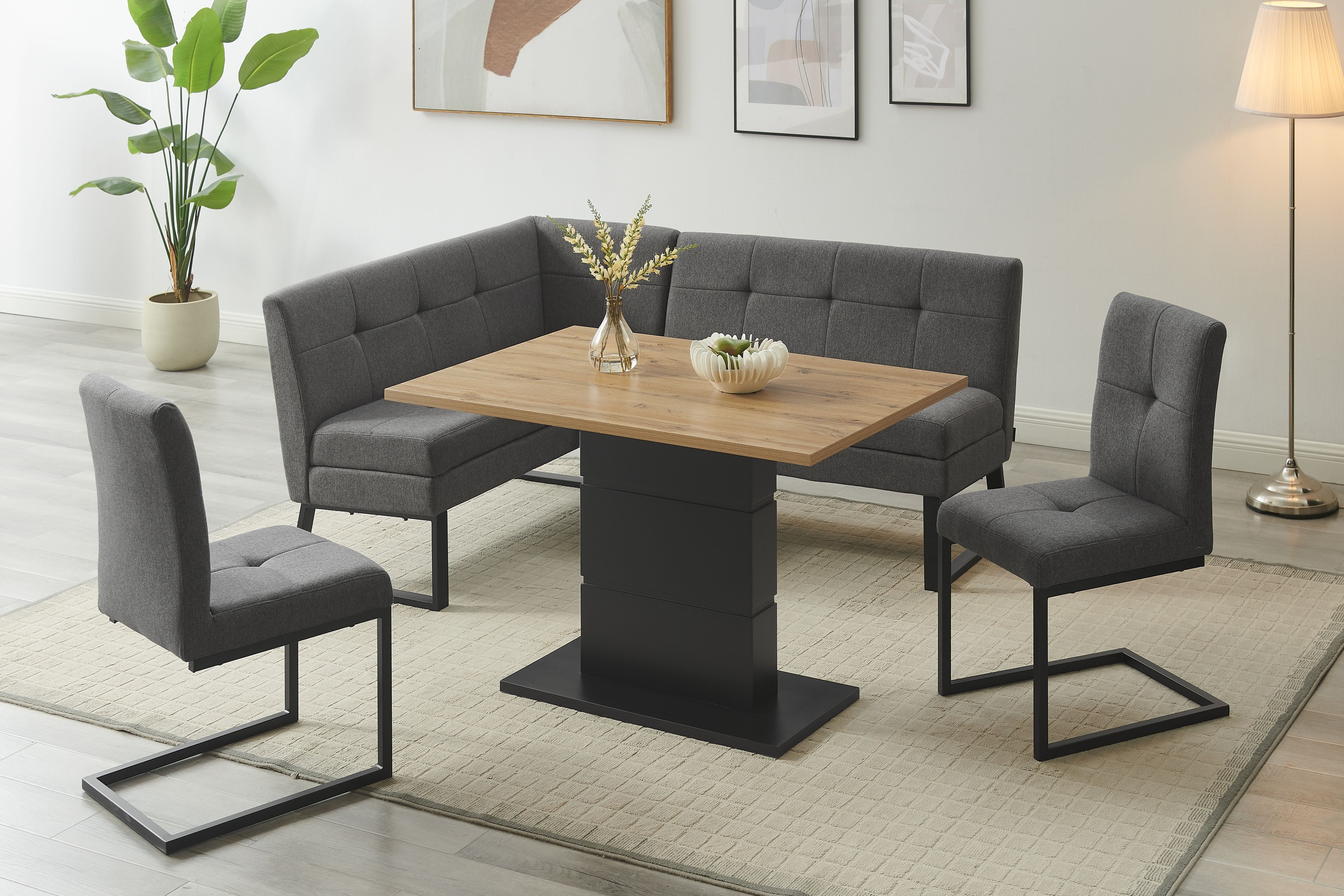 GOODproduct Eckbankgruppe "Geranie, Sitzgruppe, Eckbank inkl. Stauraum, Esstisch, 2 Freischwinger" Set, Eckbank inkl. Stauraum wahlweise links und rechts montierbar, 4 Stk. tlg.