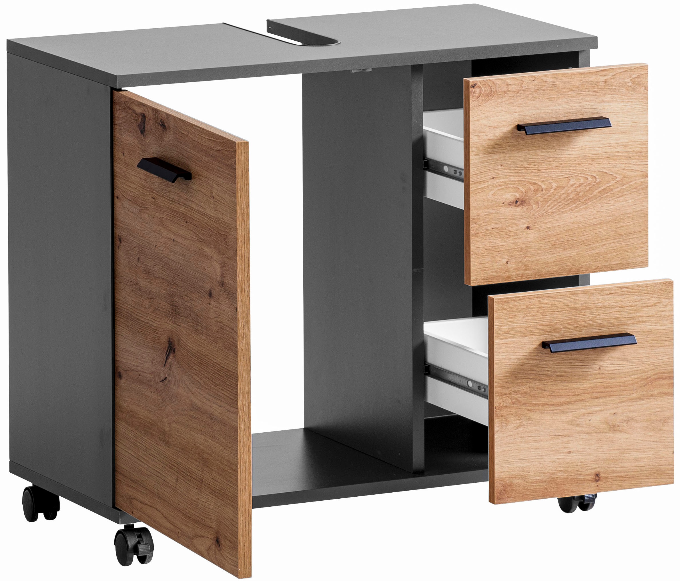 welltime Waschbeckenunterschrank »Emmi, Breite 65 cm made in Germany«, Siphonausschnitt, Metallbeschläge