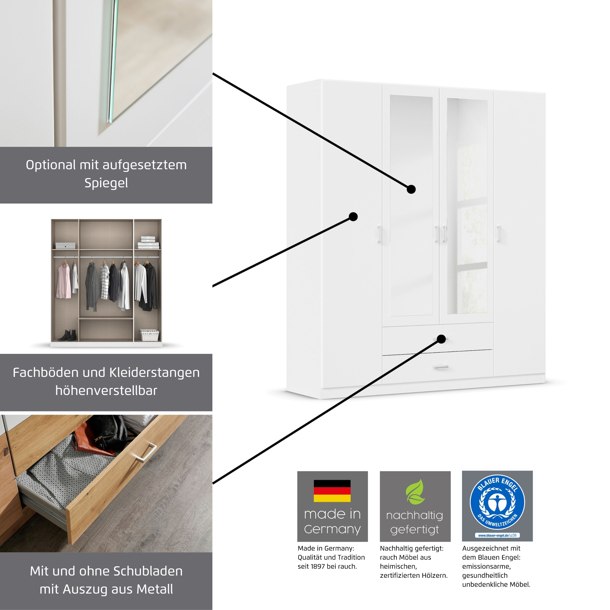 rauch Kleiderschrank »Schrank Garderobe Wäscheschrank GAMMA in 3 Breiten«, viel Stauraum mit 6 Schubladen, mit Spiegel TOPSELLER MADE IN GERMANY