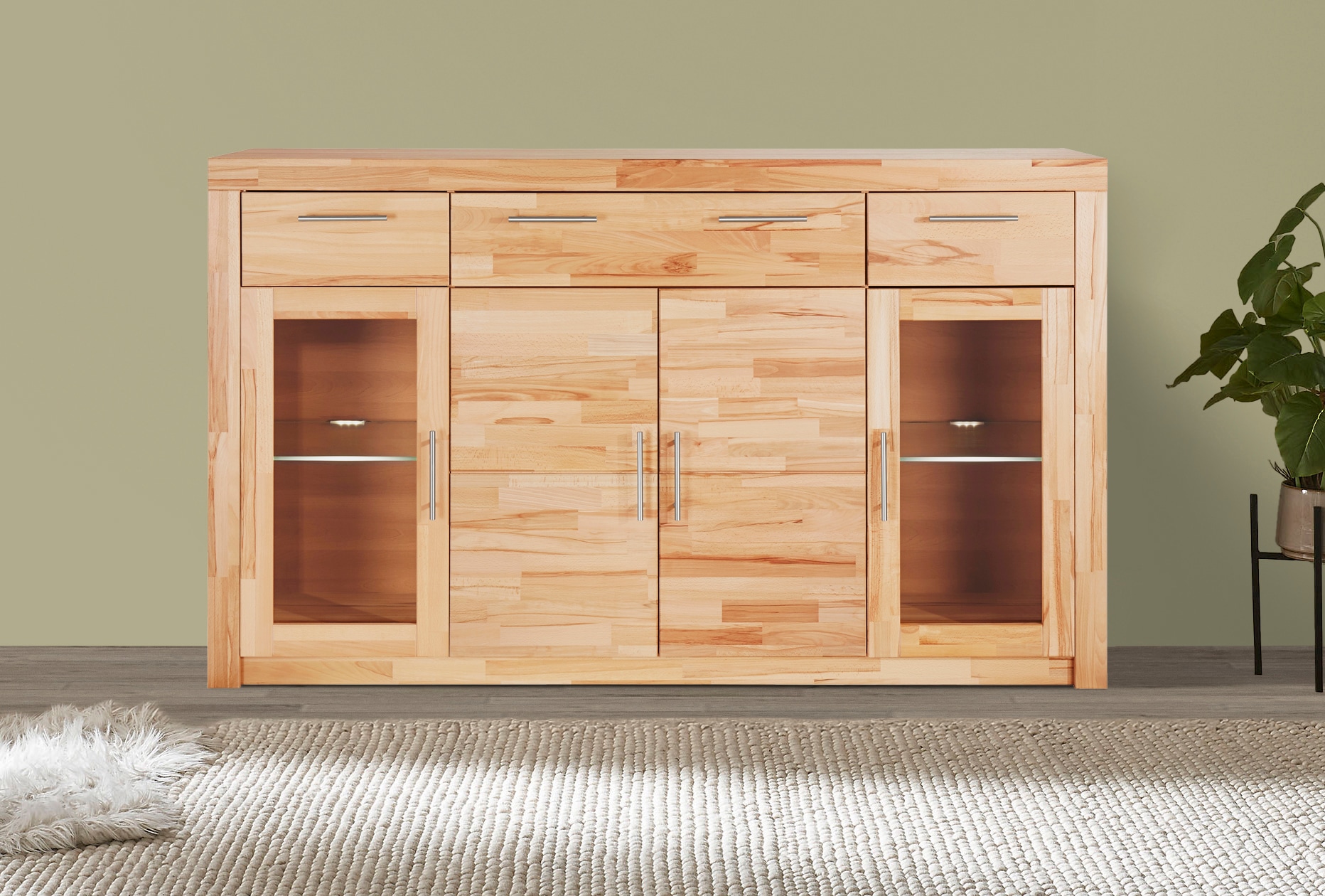 VOGL Möbelfabrik Highboard »Toronto«, opt. Glastüren, teilmassiv, Rahmenoptik, Made in Germany