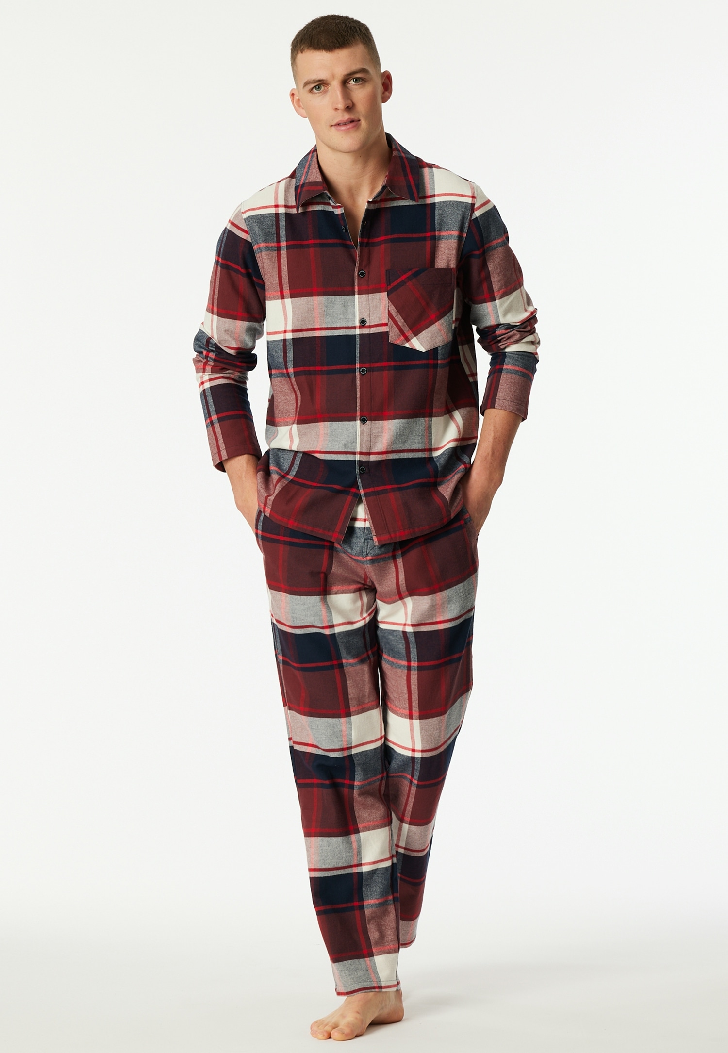 Schiesser, Herren, Schlafanzug »Selected Premium Warming« 2 tlg. Brusttasche, Baumwolle, wärmend, Flanell, Langarm, burgund, 58, Langer Herrenpyjama 