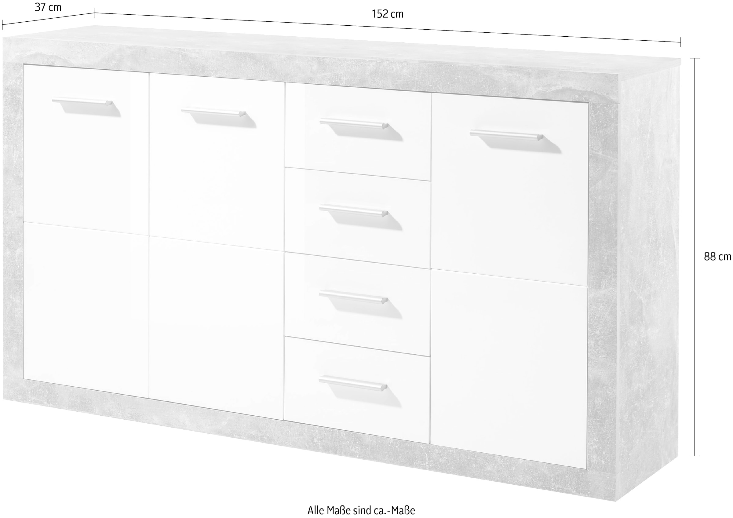 HBZ Kommode »Stone 2 Weiss Glanz, BxHxT 152x88x37 cm«, Kommode mit 3 Türen, 4 Schubkästen, 2 Einlegeböden