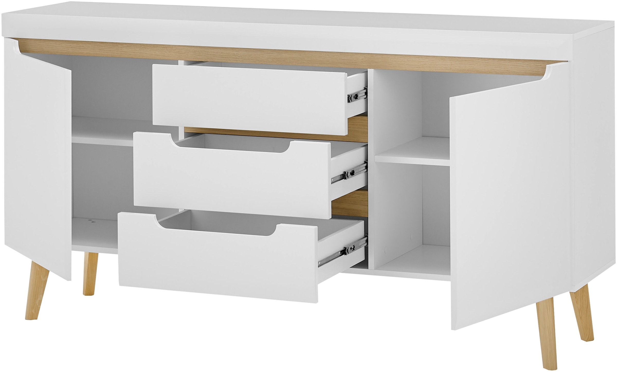 INOSIGN Sideboard »Torge, Anrichte, Kommode, Schubladenschrank«, (1 St.), abgeschrägte Füsse, drei Farben, Scandi Design, 160 cm breit