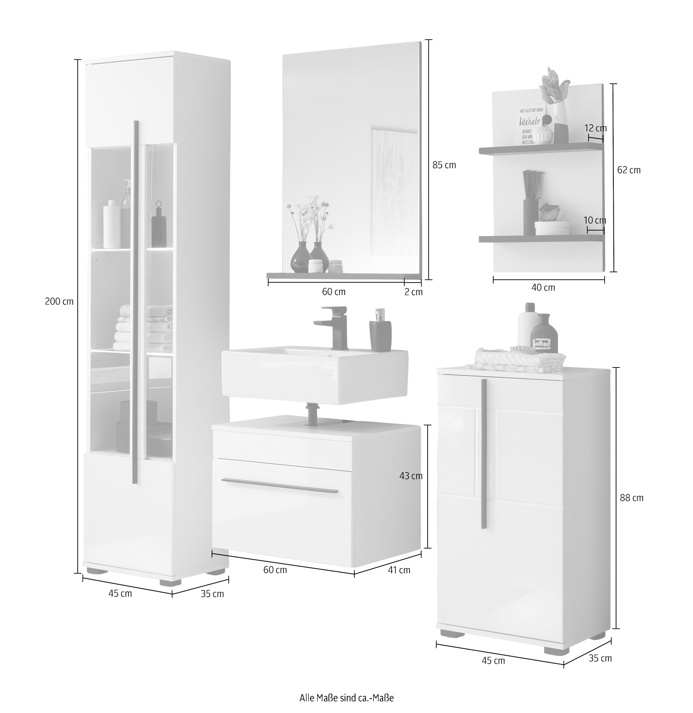 INOSIGN Badmöbel-Set »Cantara, Bad im modernen Design, 5-teiliges Badezimmer«, (Set, 5 St.), Unterschrank, Schränke, Hängeregal und Spiegel, in Weiss Hochglanz