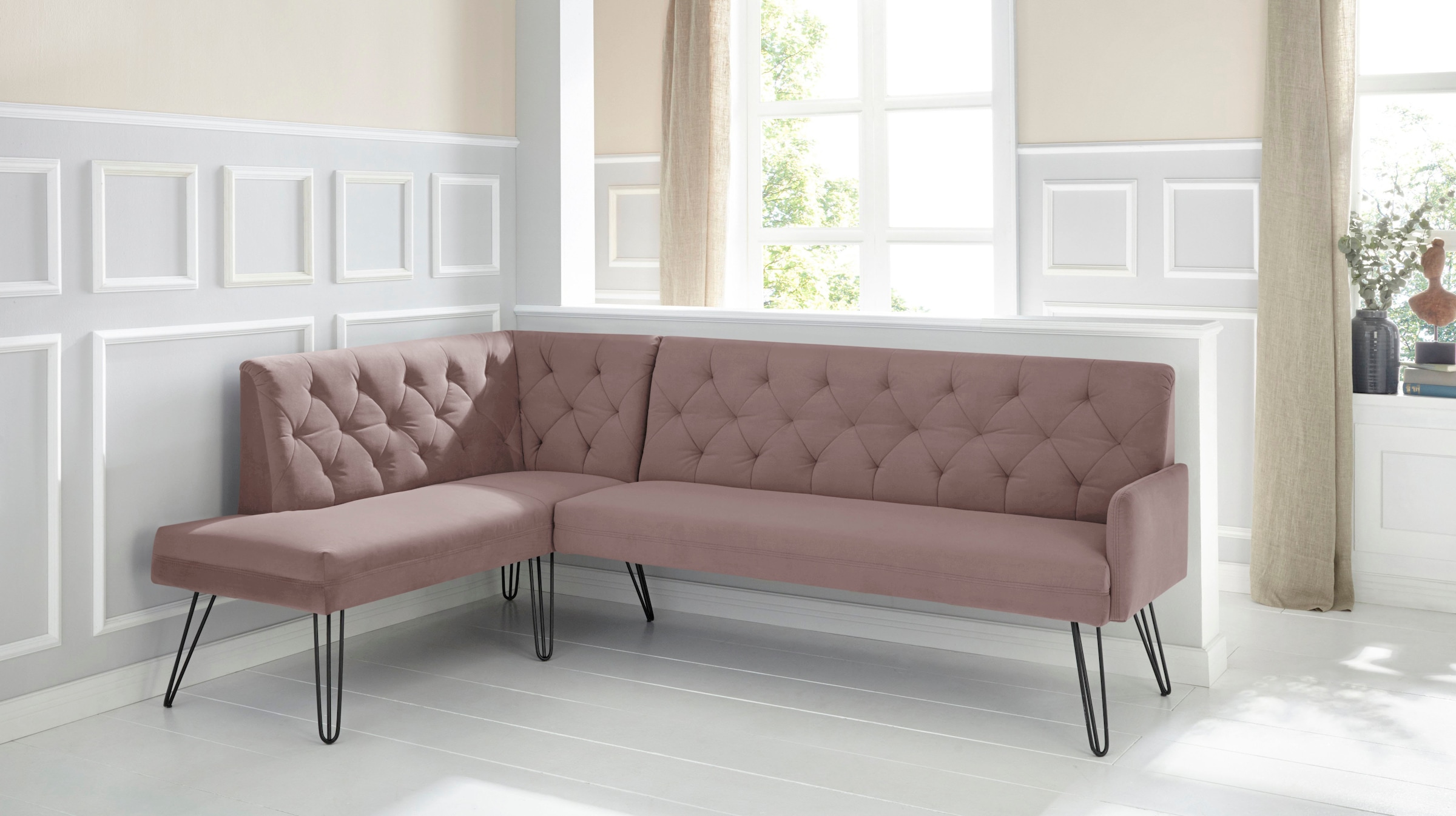 exxpo - sofa fashion Eckbank »Doppio, Chesterfield Optik, komfortabel und bequem, hohe Designfüsse«, Frei im Raum stellbar