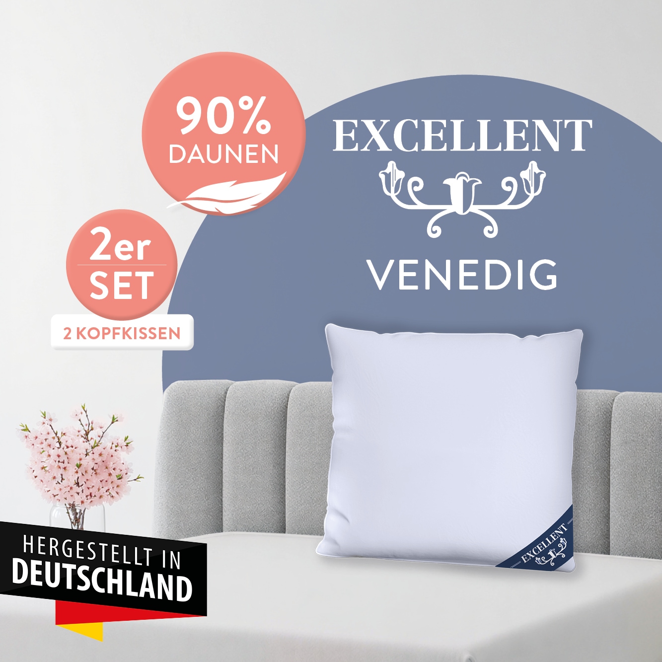 Excellent "Venedig, Kissen 1-tlg. oder 2-tlg. hergestellt in Deutschland" Füllung: 90% Daunen (Außenkammer) 2 Stk. tlg. Kopfkissen in 40x80 und 80x80, Hohenstein Institute ausgezeichnet