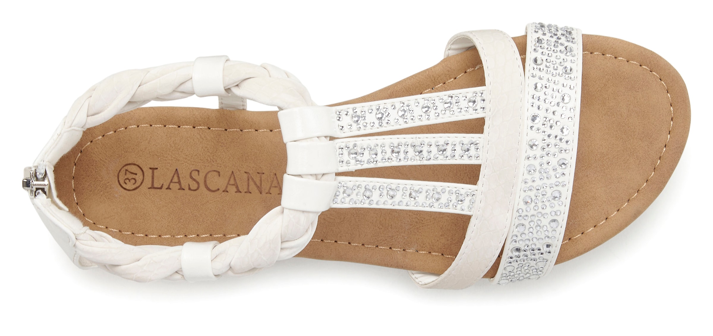 LASCANA Sandale »Sommerschuh, Sandalette«, mit Glitzersteinen und kleinem Keilabsatz im Festival-Look VEGAN