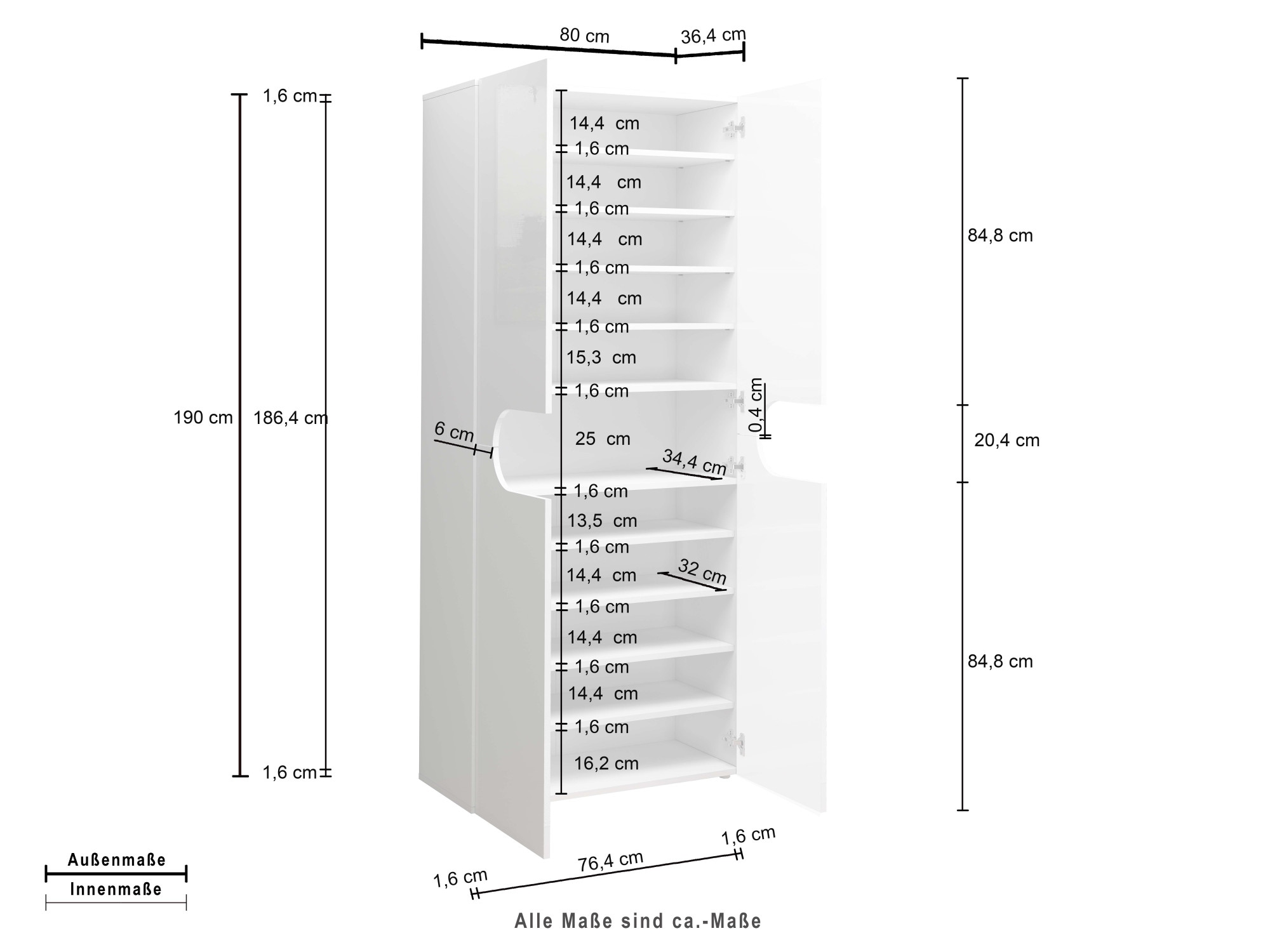 INOSIGN Schuhschrank »Real,Schuhschrank,Schuhkommode,Schuhregal,Breite 80 cm,Höhe 190 cm«, komplett Hochglanz lackiert, 4 Türen mit offenem Fach in ovaler Form