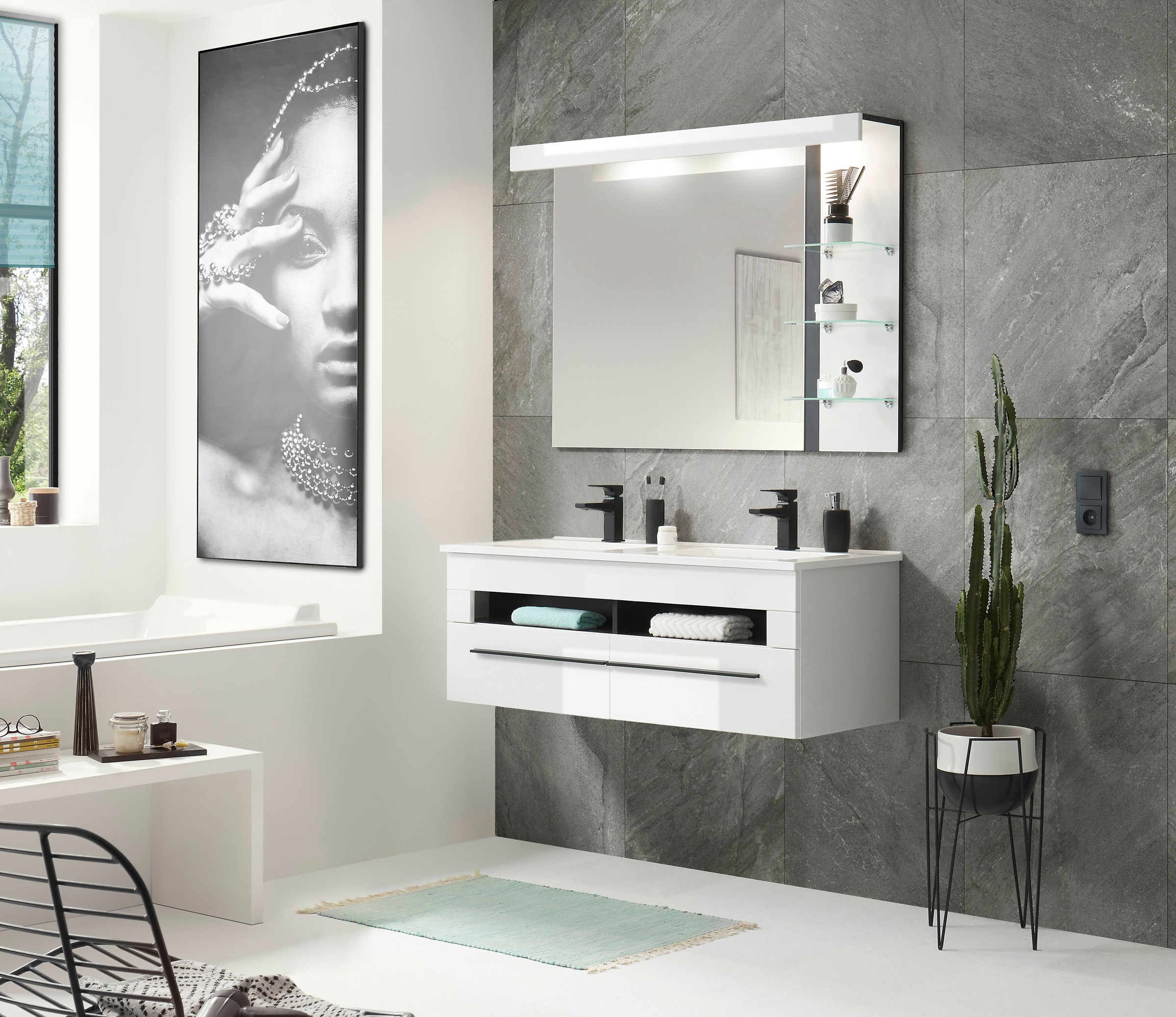 INOSIGN Waschtisch »Cantara, Waschtisch inkl. Waschbecken, modernes Design«, mit schwarzen Griffen, ausreichend Stauraum