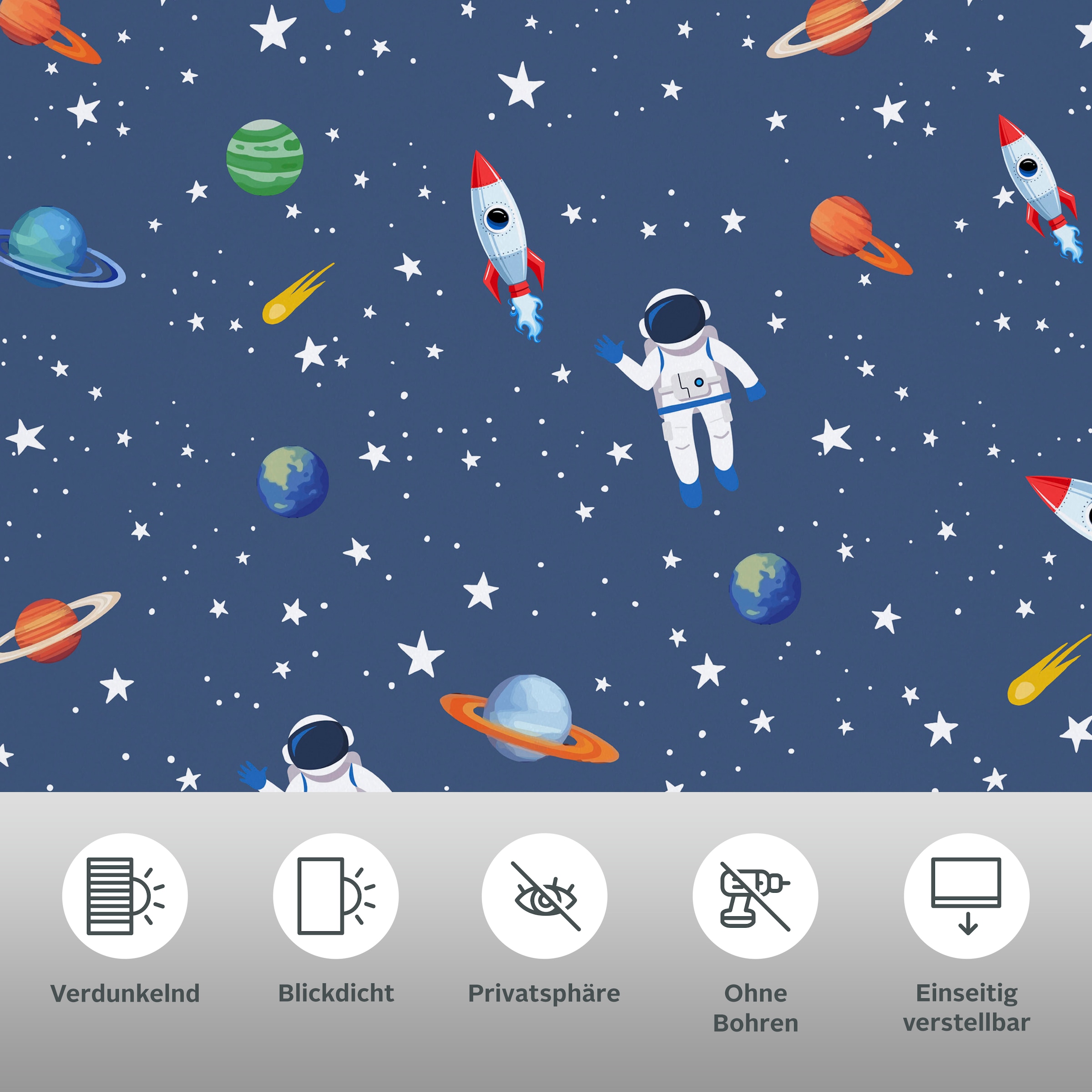 Lüttenhütt Rollo »ASTRONAUT«, verdunkelnd, Blendschutz-Sichtschutz-Verdunkelung, ohne Bohren, freihängend, Fixmass, Klemmfix, Astronaut, Kinderrollo -NEUHEIT!