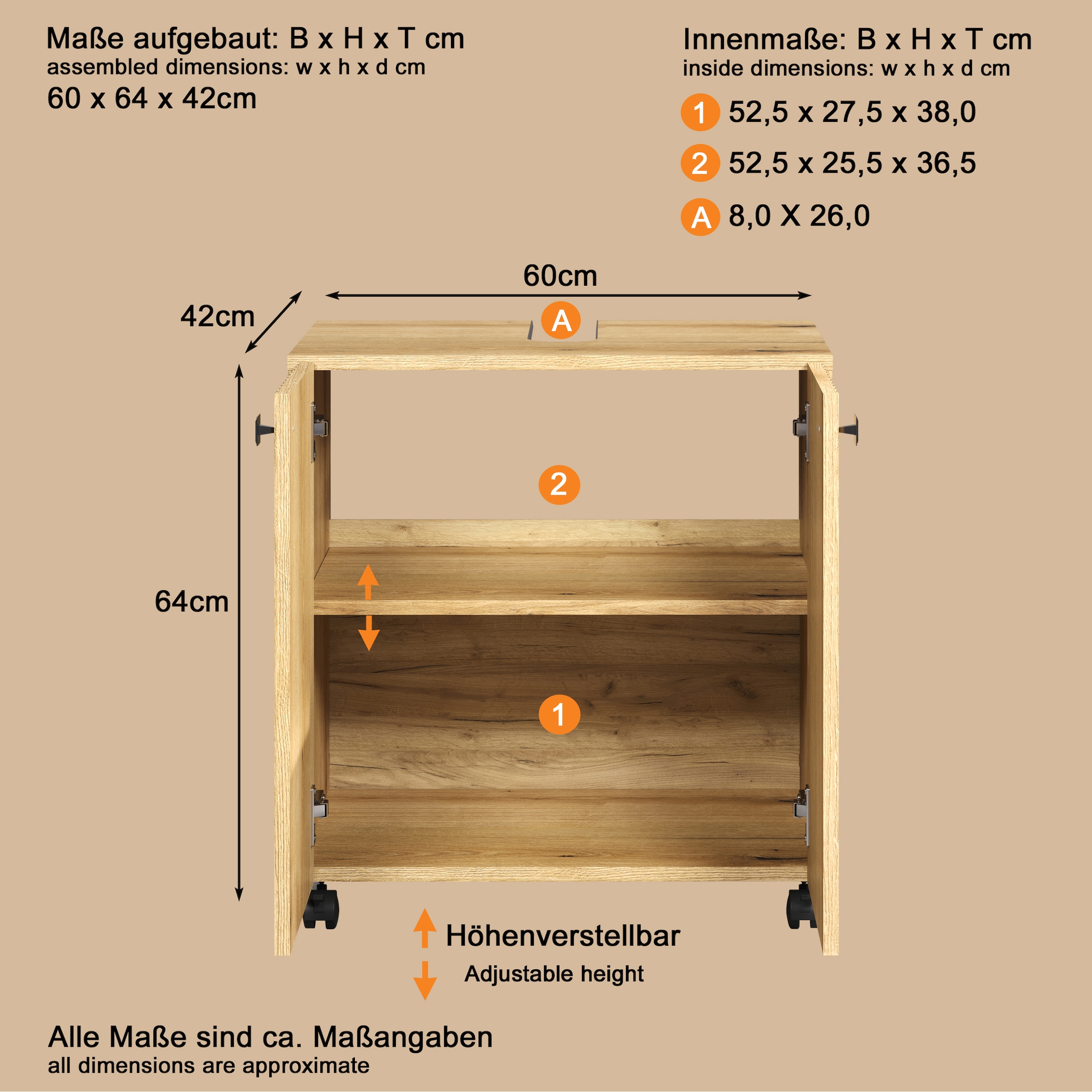 welltime Waschbeckenunterschrank »Amrum«, Waschtisch auf Rollen - (B/T/H) wahlweise 60-80/42/64 cm