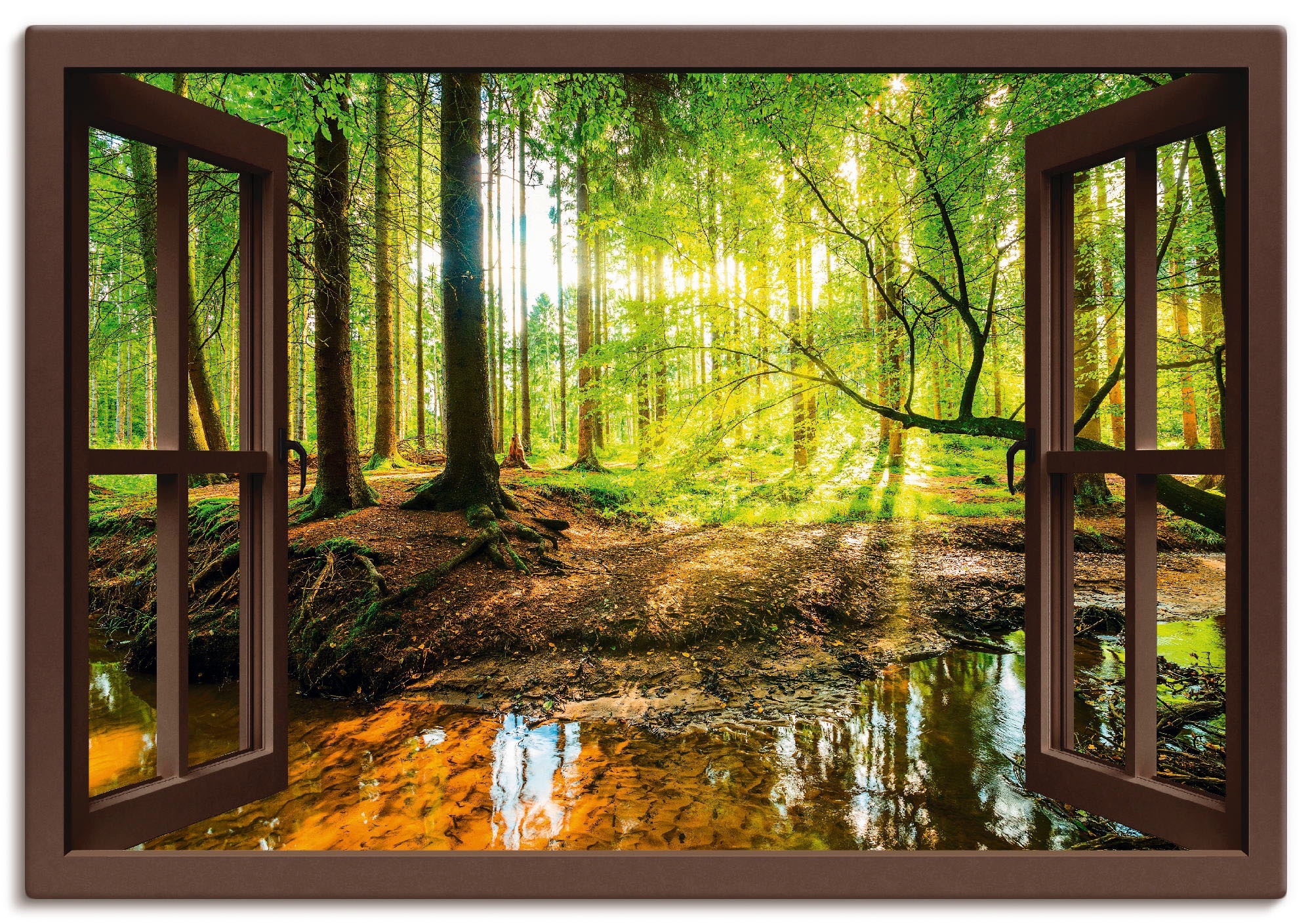 Artland Wandbild »Fensterblick - Wald mit Bach«, Wald, (1 St.), als Leinwandbild, Poster, Wandaufkleber in verschied. Grössen