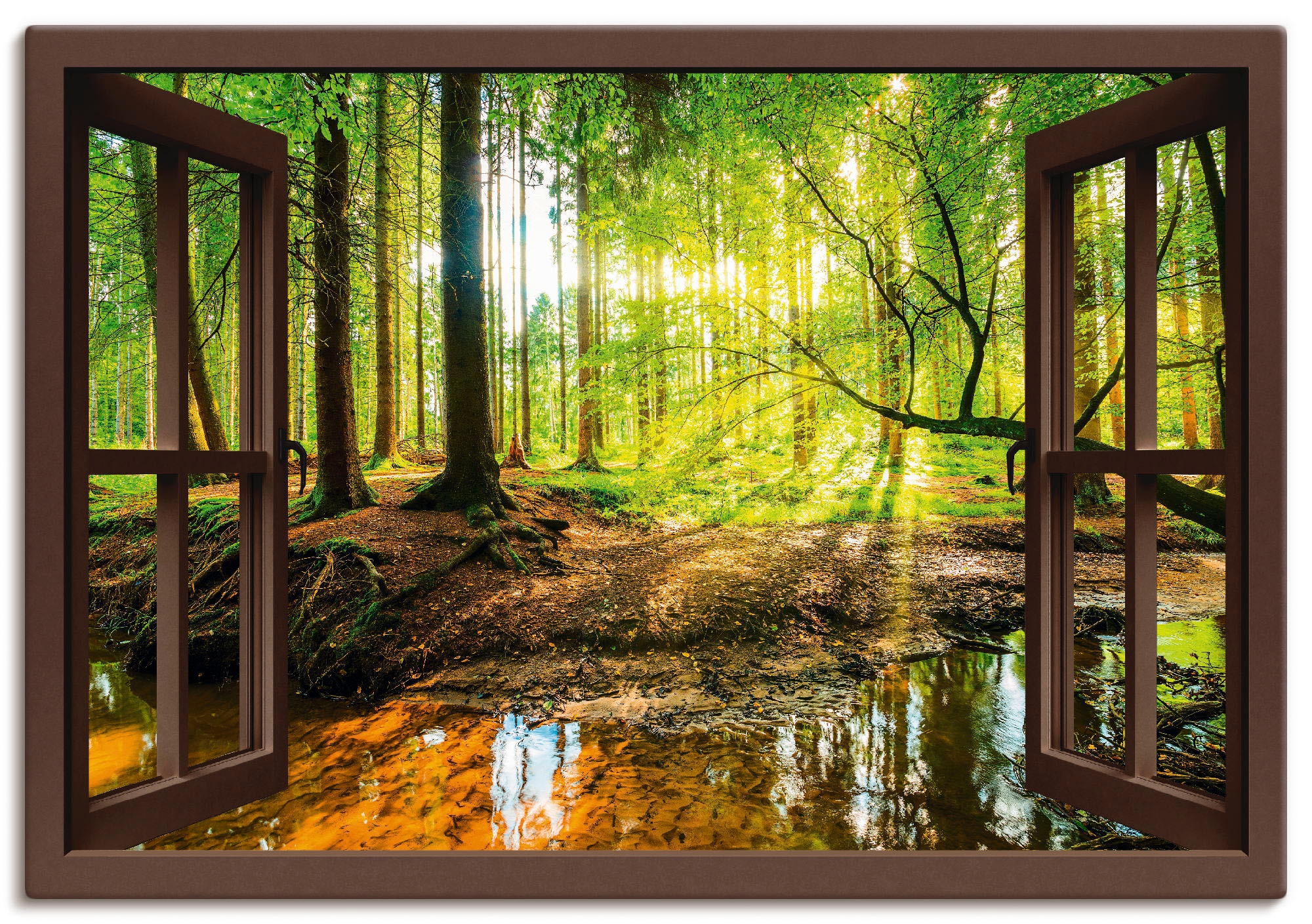 Jelmoli-Versand als bestellen (1 Grössen verschied. Wald Wandbild St.), in Poster, »Fensterblick - Leinwandbild, Bach«, online Wandaufkleber mit Wald, | Artland