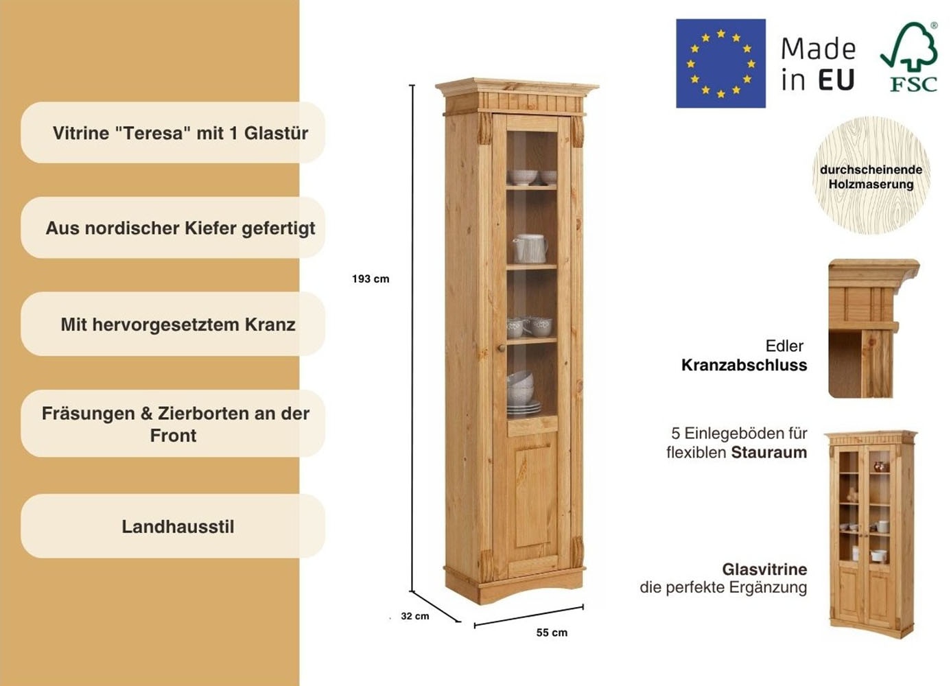 Home affaire Vitrine »Teresa«, (Masse (B/T/H): ca. 55/32/193 cm), mit 1 Glastür, Höhe 193 cm, aus massiver Kiefer, FSC®