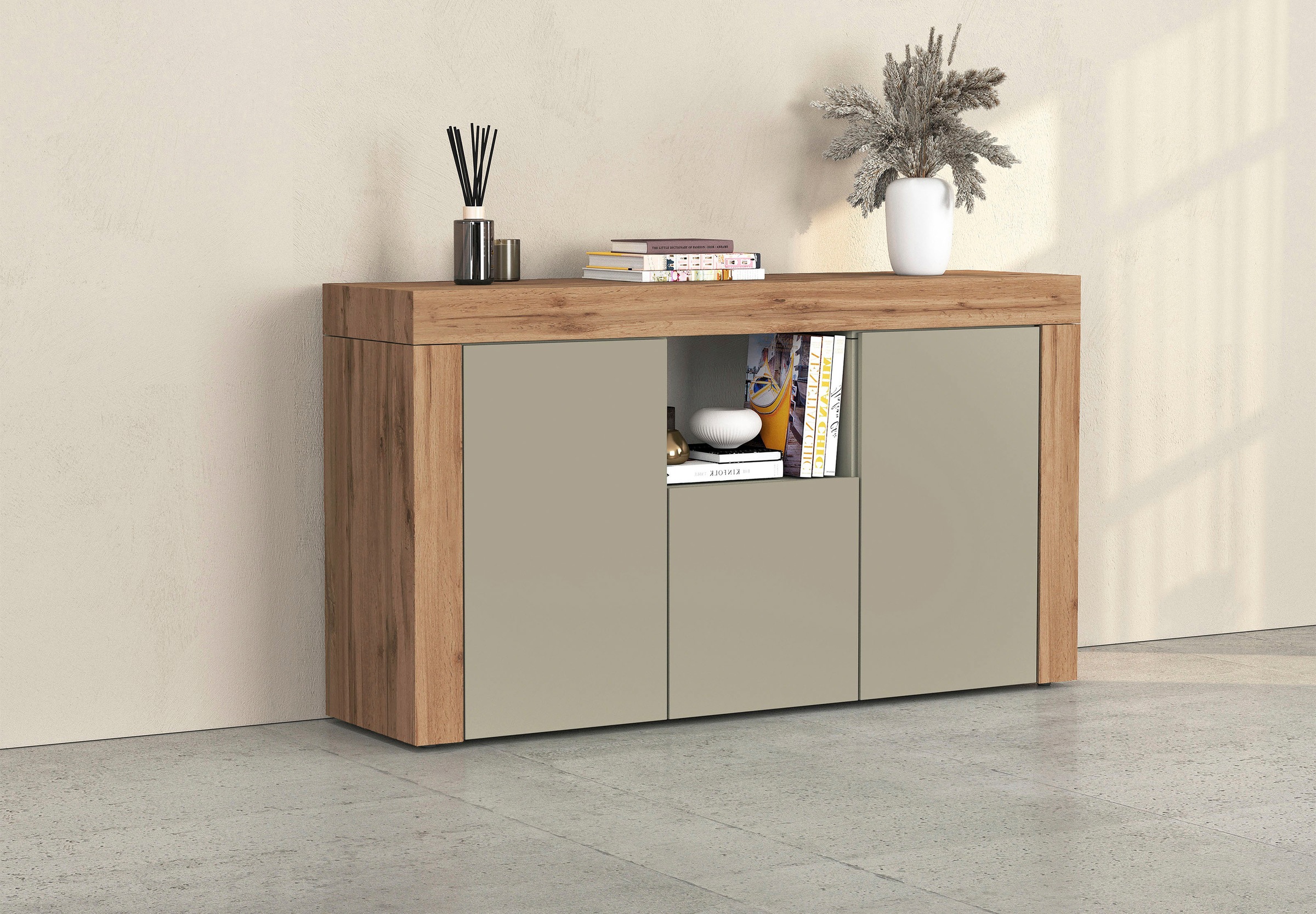 GOODproduct Sideboard "CHRONOS Breite 155 cm mit 3 Türen, 1 offenes und 6 geschlossene Fächer" 1 Stk. tlg. Sideboard,Kommode, Schrank, Grifflos mit Push to Open, Made in Italy