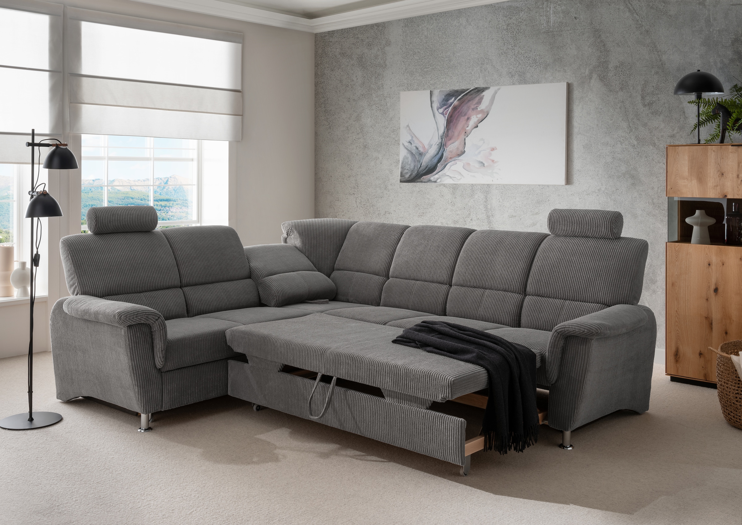 Home affaire Ecksofa »Pisa L-Form, mit Schlaffunktion, Stauraum, 2x höhenverstellbare«, Kopfstützen und Relaxfunktion im Eckelement