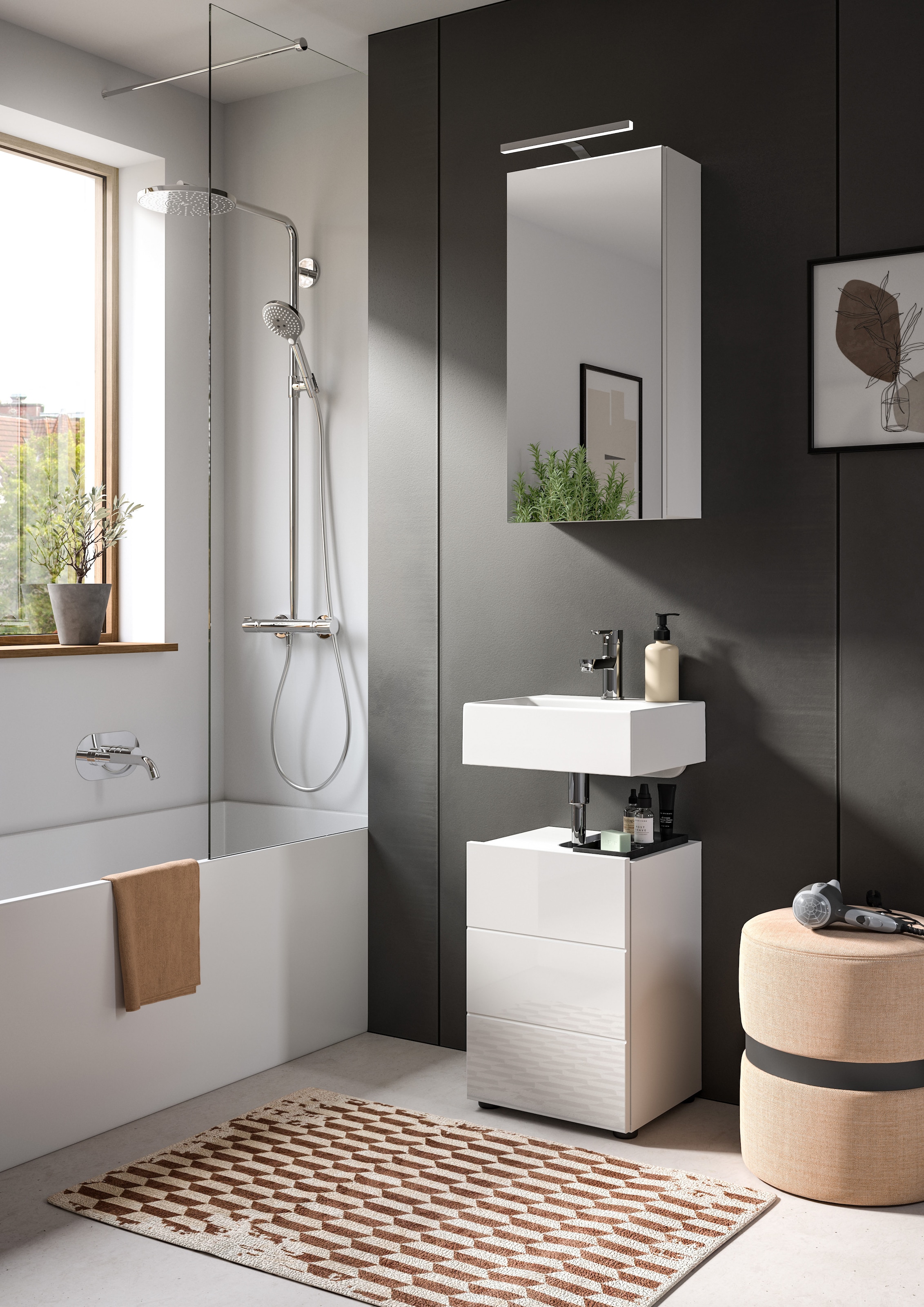 welltime Waschbeckenunterschrank »BIEL, TOPSELLER!, Breite 38 cm, 1 Tür, 1 Boden, mit Siphonausschnitt«, (1 St.), Badmöbel, Badschrank, Schrank, Unterschrank, Bad, Badezimmer