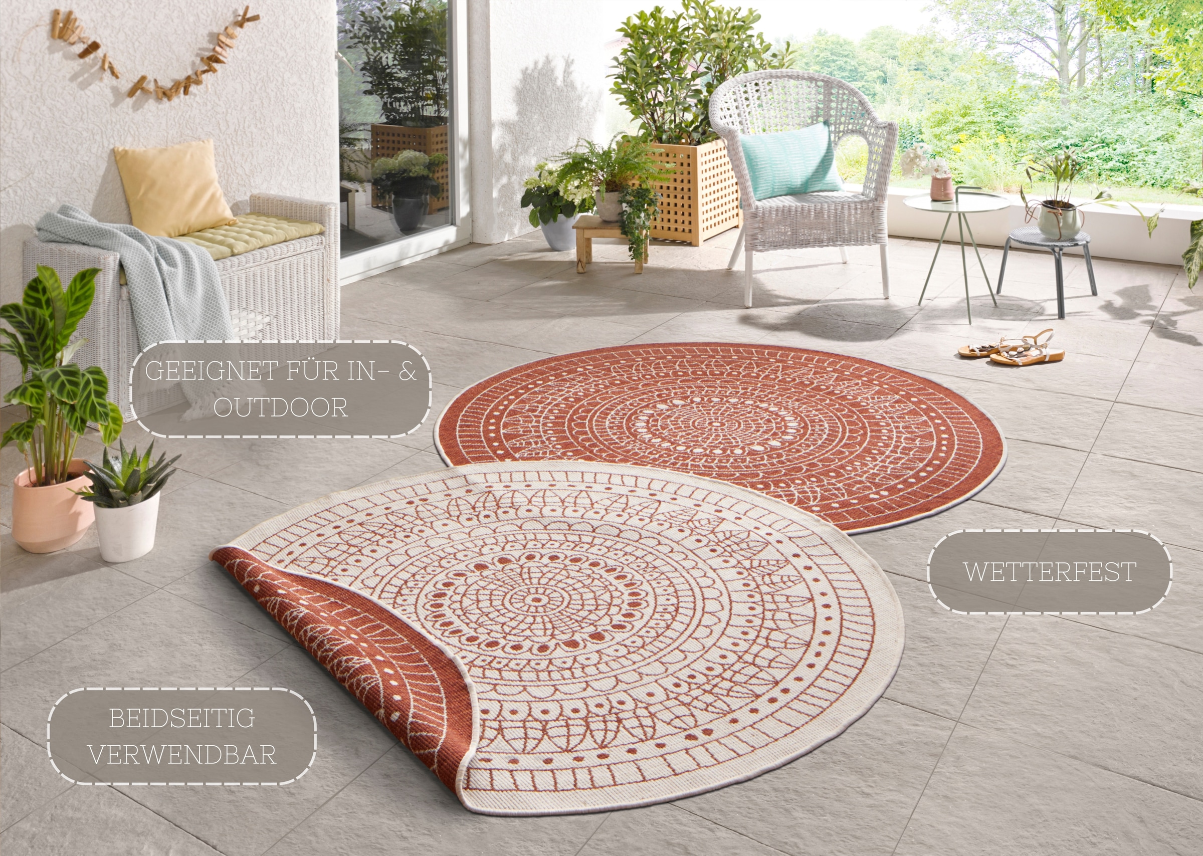 NORTHRUGS Teppich »Porto Wendeteppich«, rund, In-& Outdoor, Wetterfest, Balkon, Garten, Wohnzimmer, Wasserfest