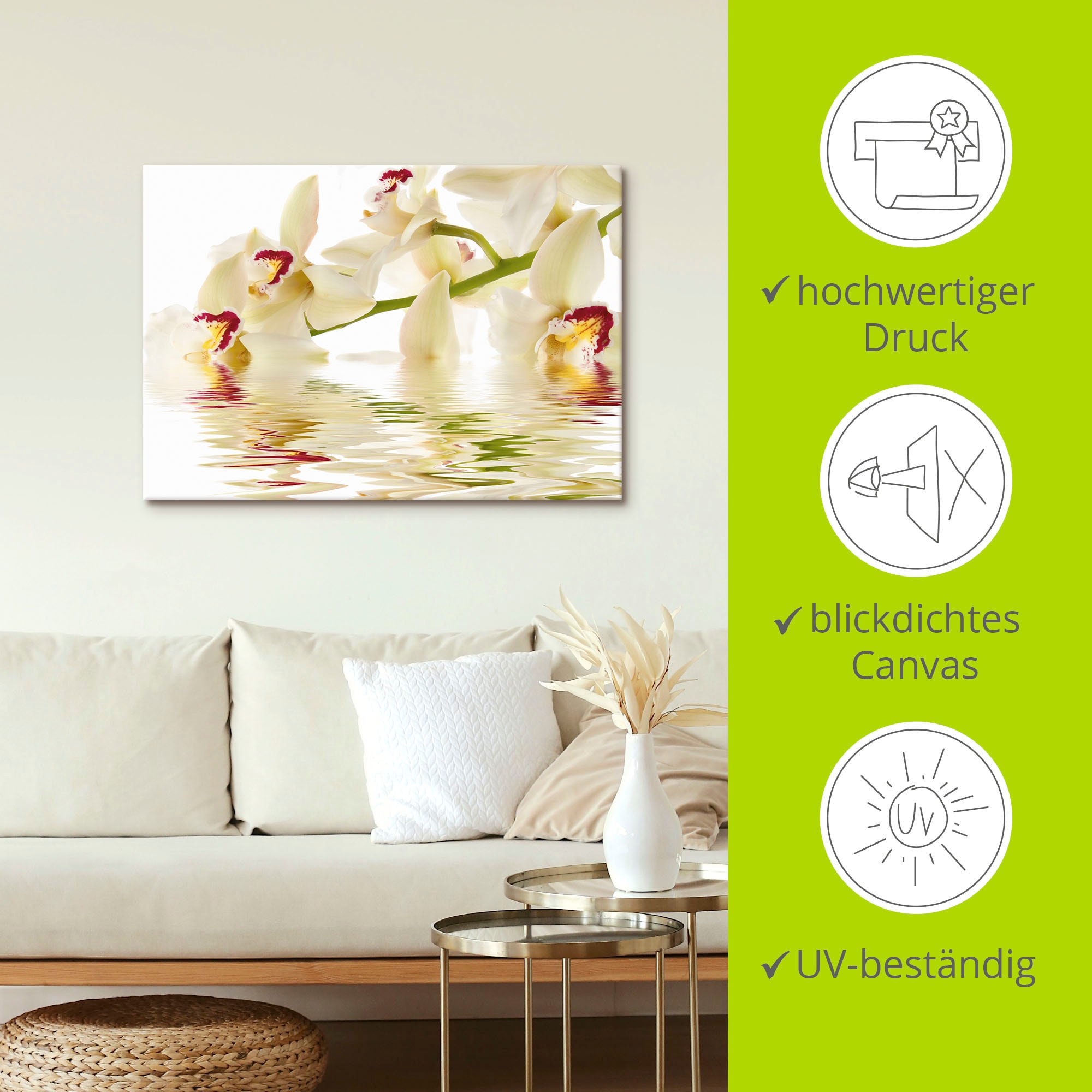 Artland Wandbild »Weisse Orchidee mit Wasserreflektion«, Blumen, (1 St.), als Leinwandbild, Poster in verschied. Grössen